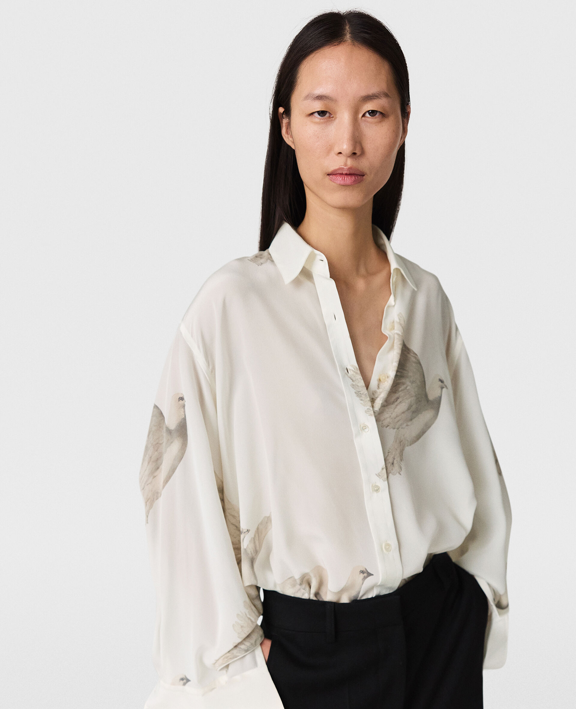 Oversized Sheer Dove Print Shirt-Cream-model