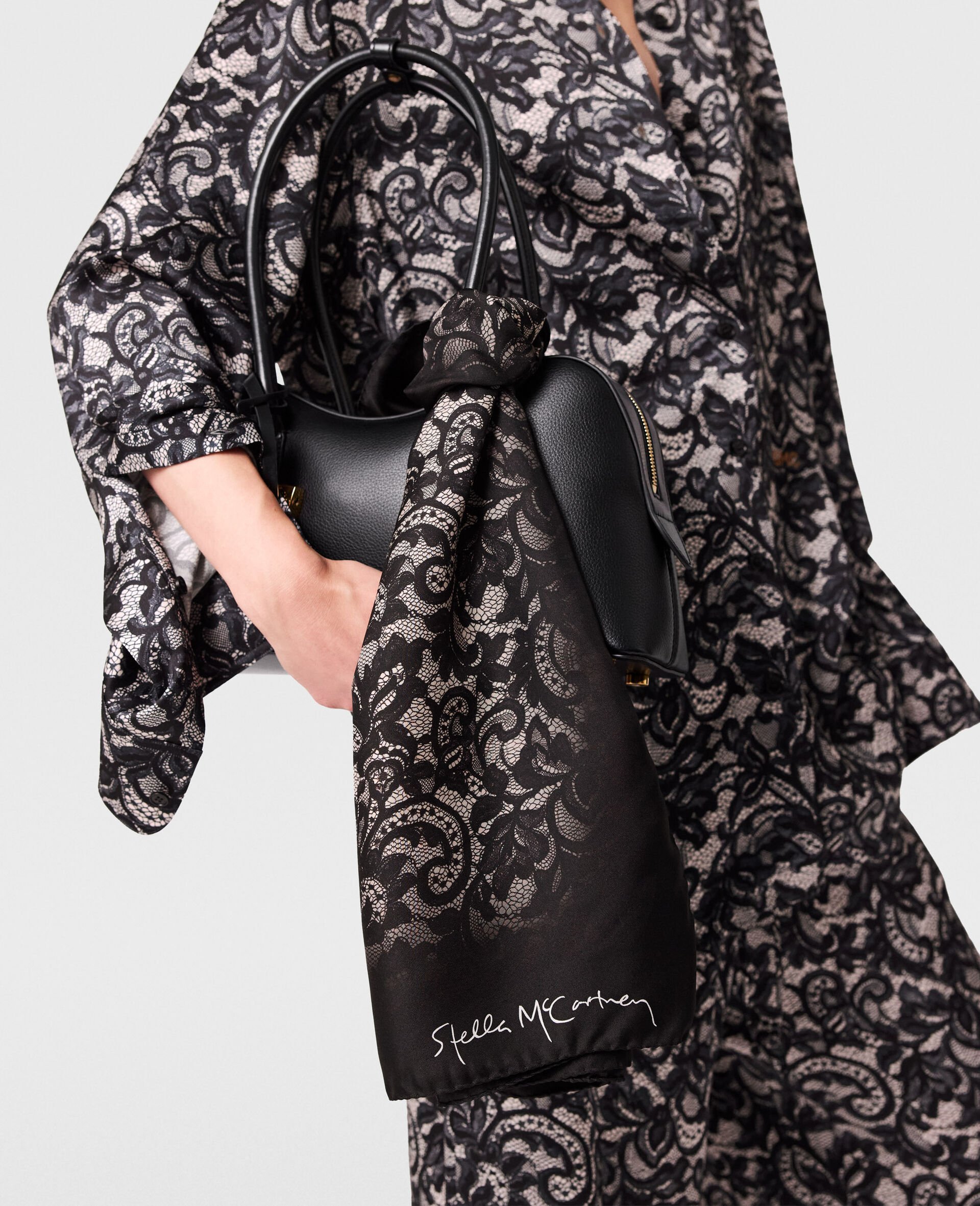 Lace Print Square Scarf-Black-model