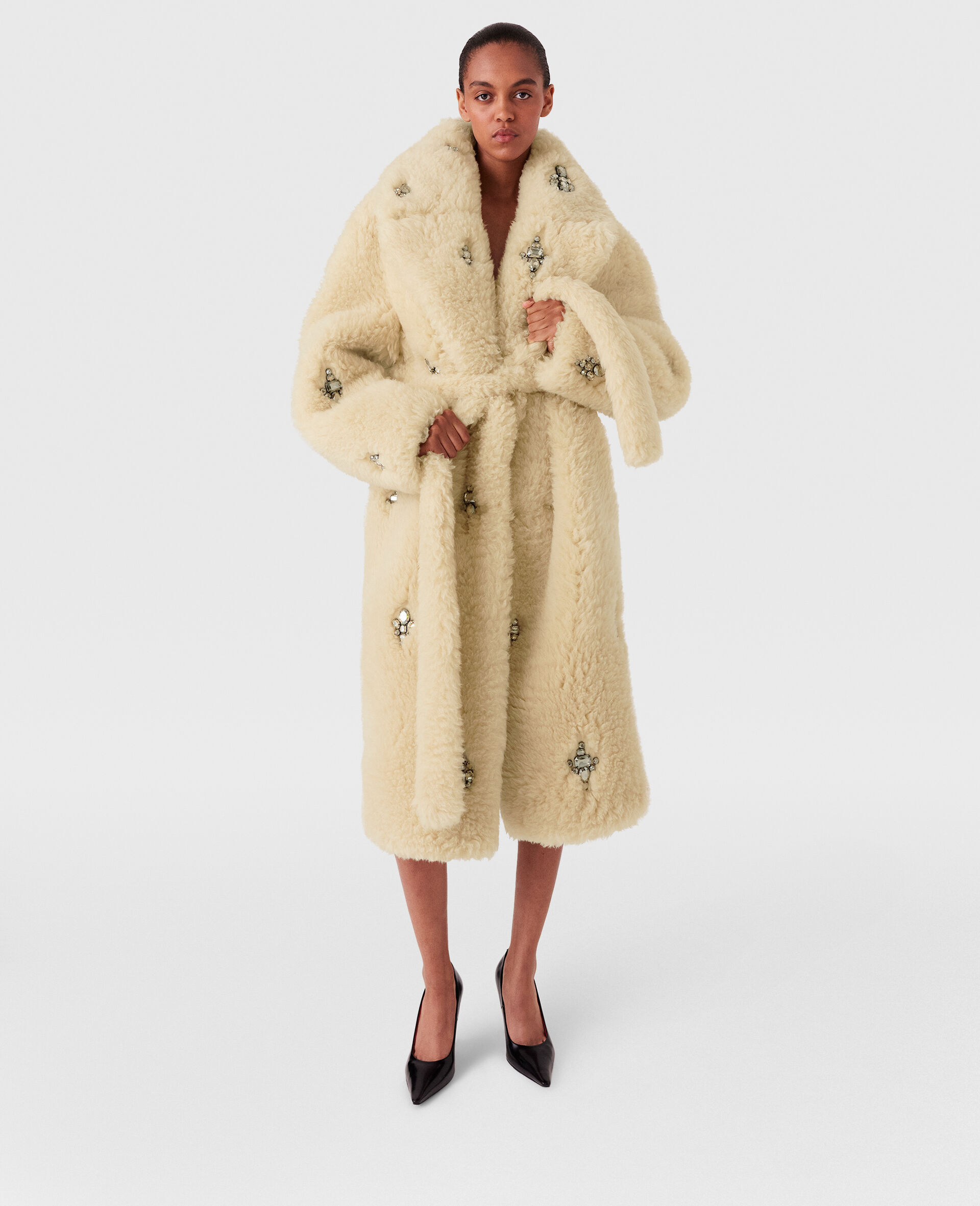 Crystal Embellished Plush Teddy Coat-Cream-model