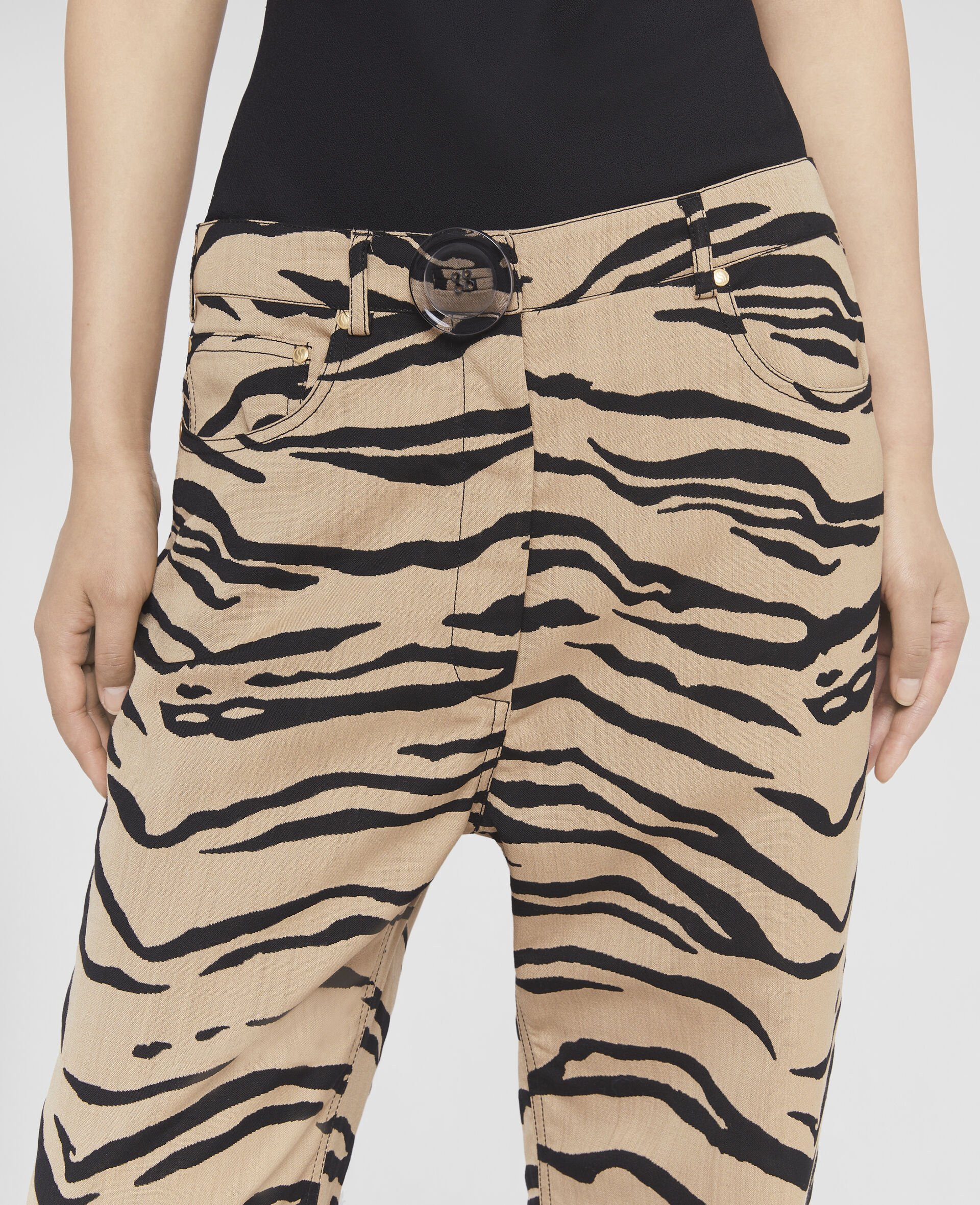 Tiger Print Cropped Jacquard Trousers-Beige-large image number 3