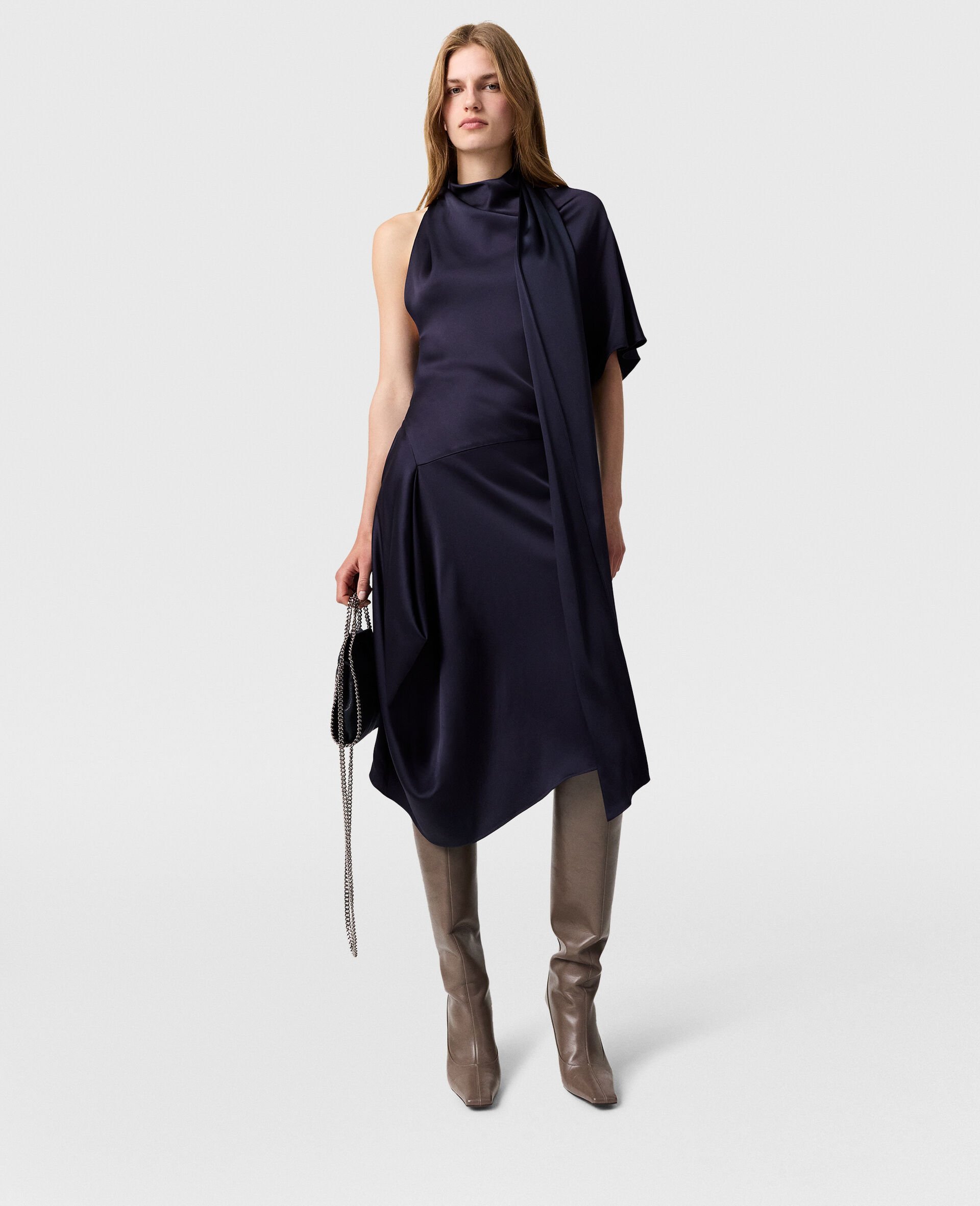 Asymmetric Tie-Neck Midi Dress-Blue-model Asymmetric Tie-Neck Midi Dress-Blue-model