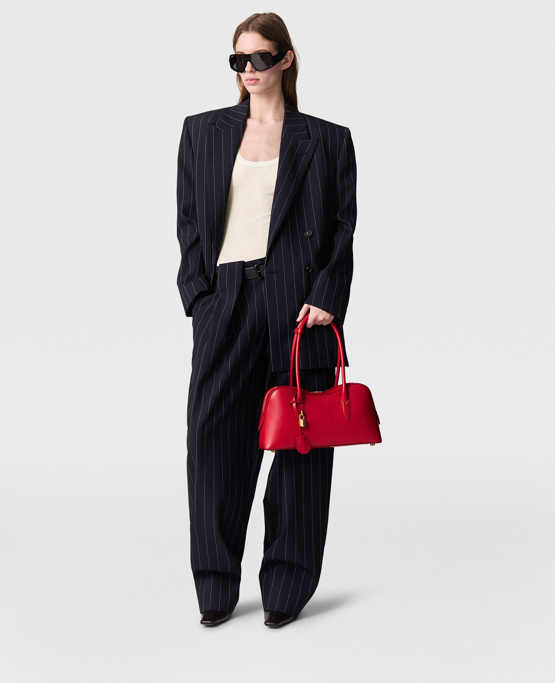 Slouchy Panelled Pinstripe Trousers-Blue-model