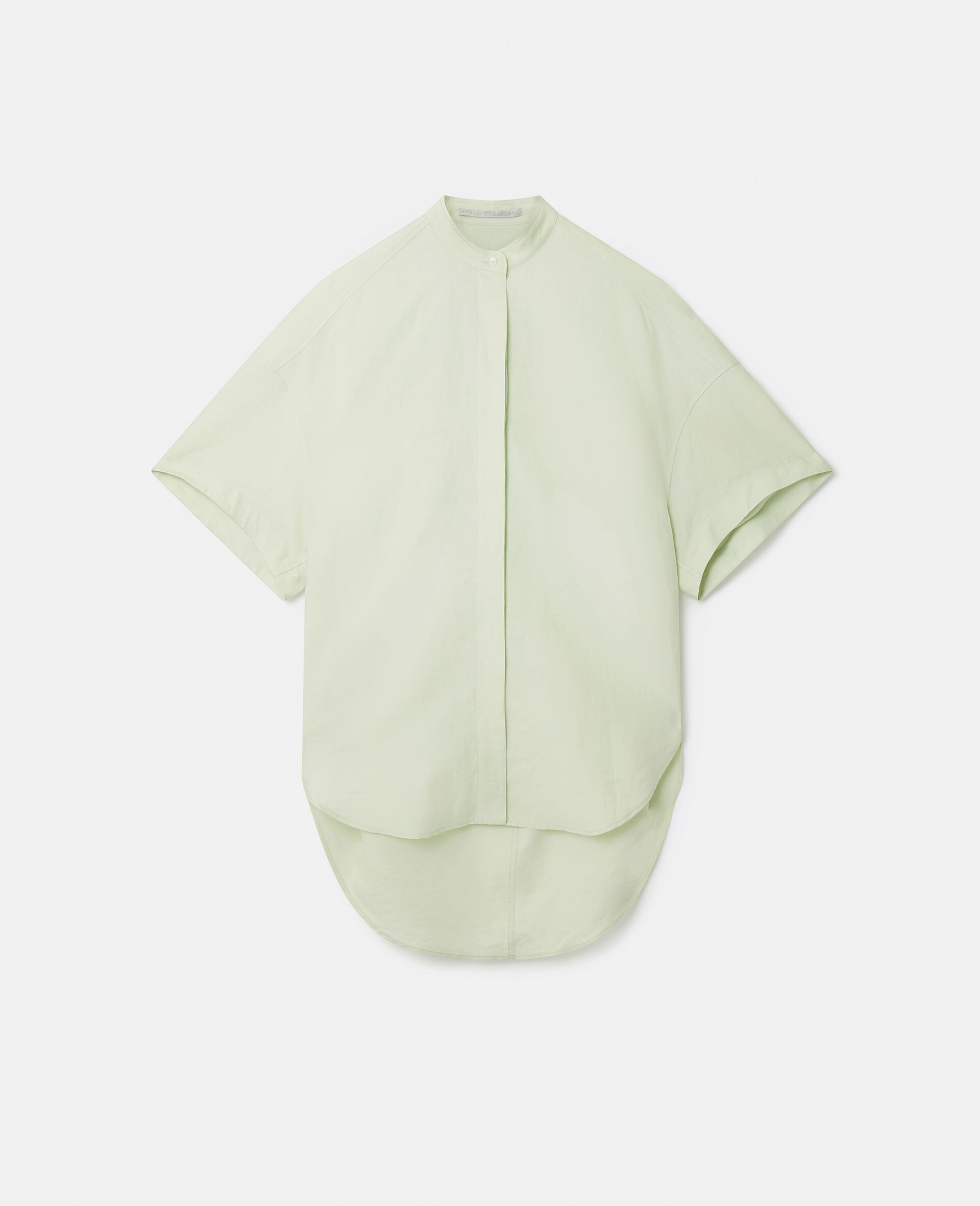 リネンコットン混紡 オーバーサイズ ノーカラーシャツ-グリーン-medium