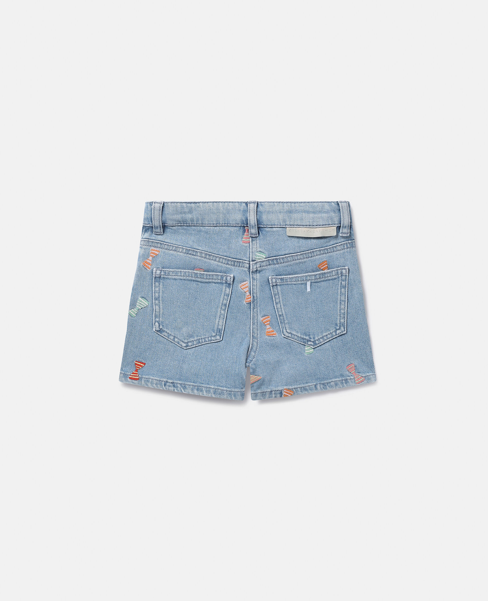 Striped Bow Print Denim Shorts-蓝色-large image number 2