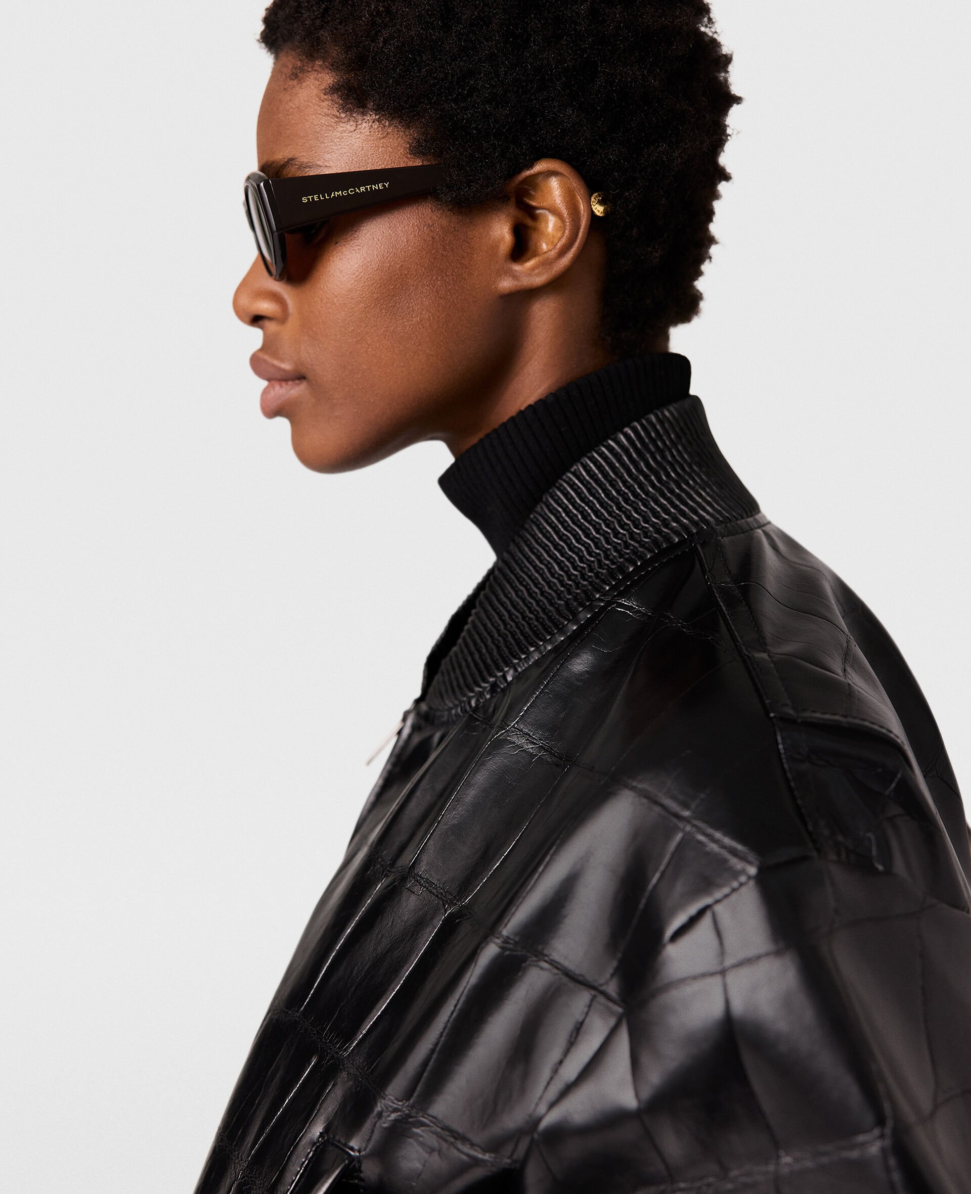 Crocodile-Embossed Cropped Bomber Jacket-Black-large image number 2