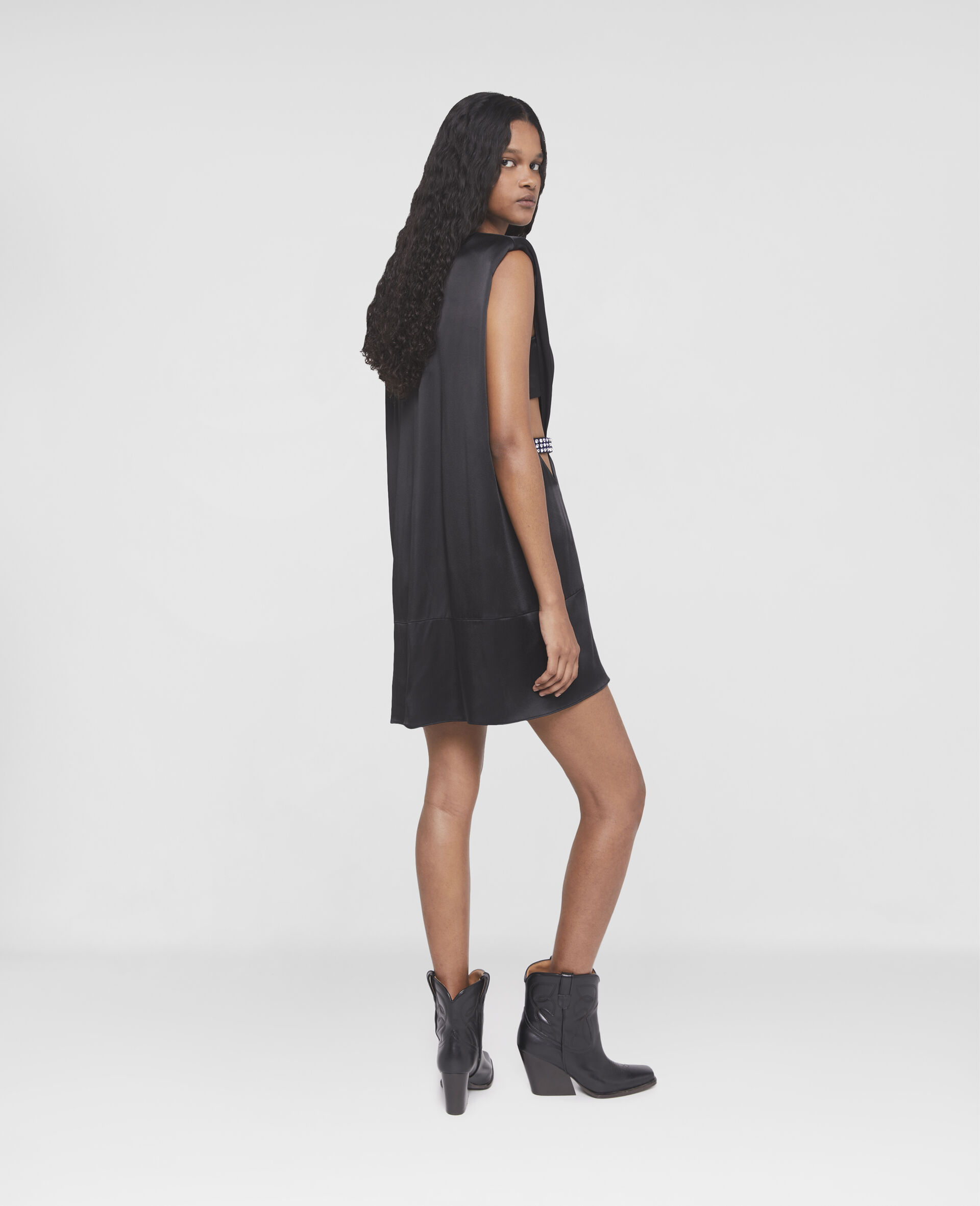Belted Pleat Front Double Satin Mini Dress-Black-large image number 2