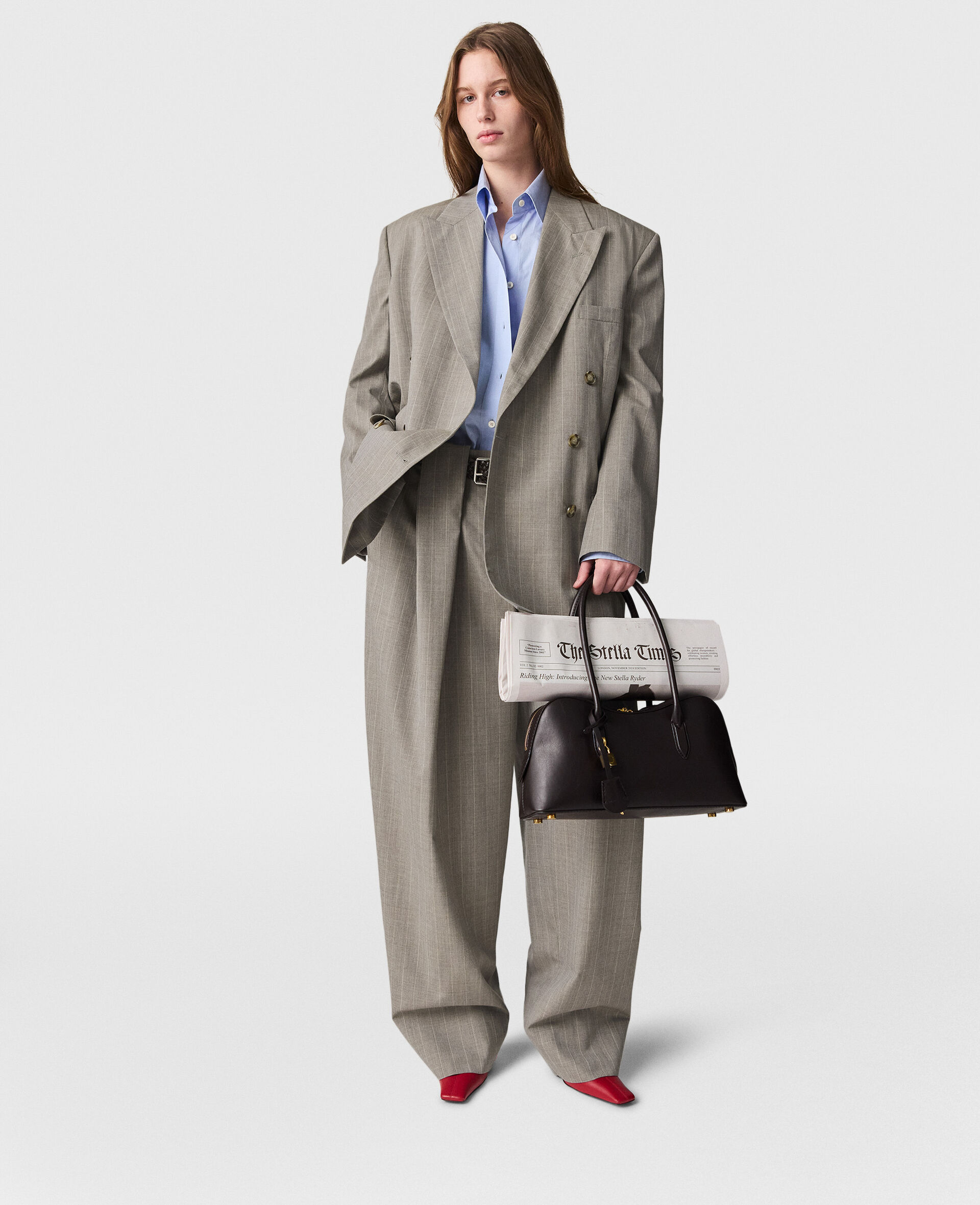 Slouchy Panelled Pinstripe Trousers-Grey-model