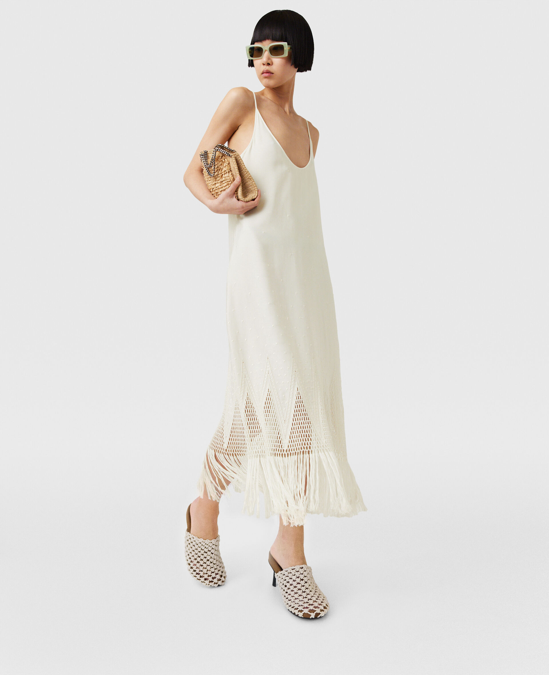 Open-Knit Fringe Midi Dress-Cream-model
