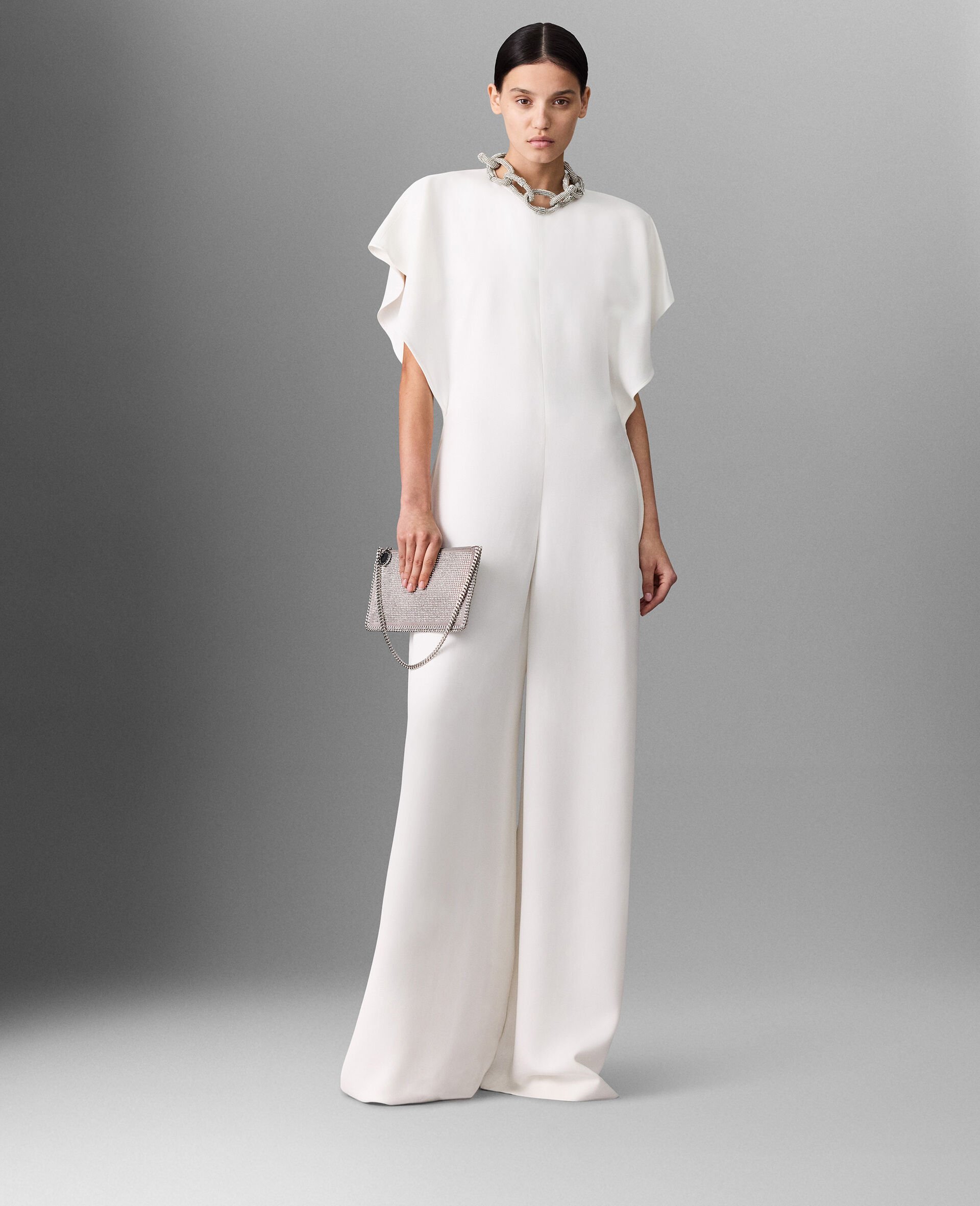 Lead-Free Crystal Chain Cap-Sleeve  Jumpsuit-White-model