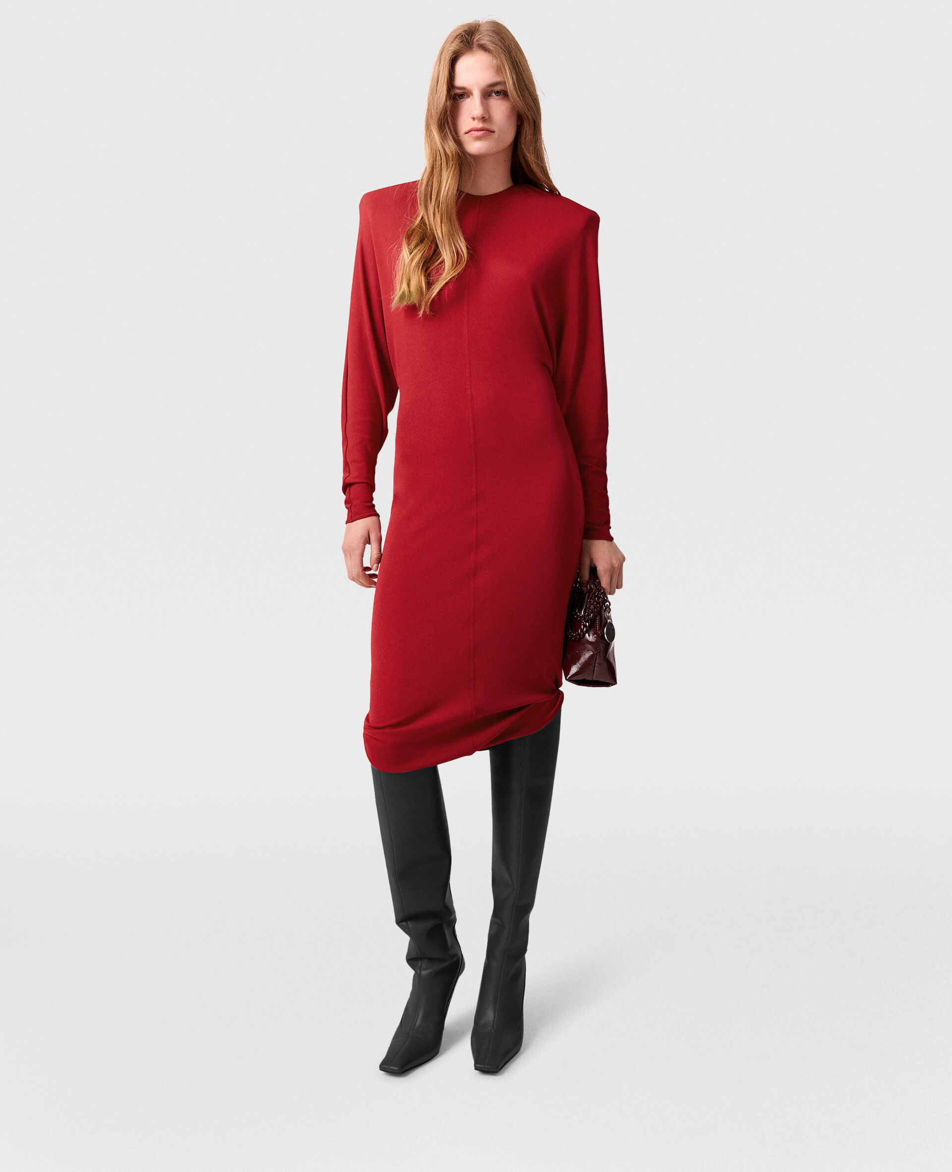 Shoulder Pad Long-Sleeved Midi Dress-Red-large image number 6