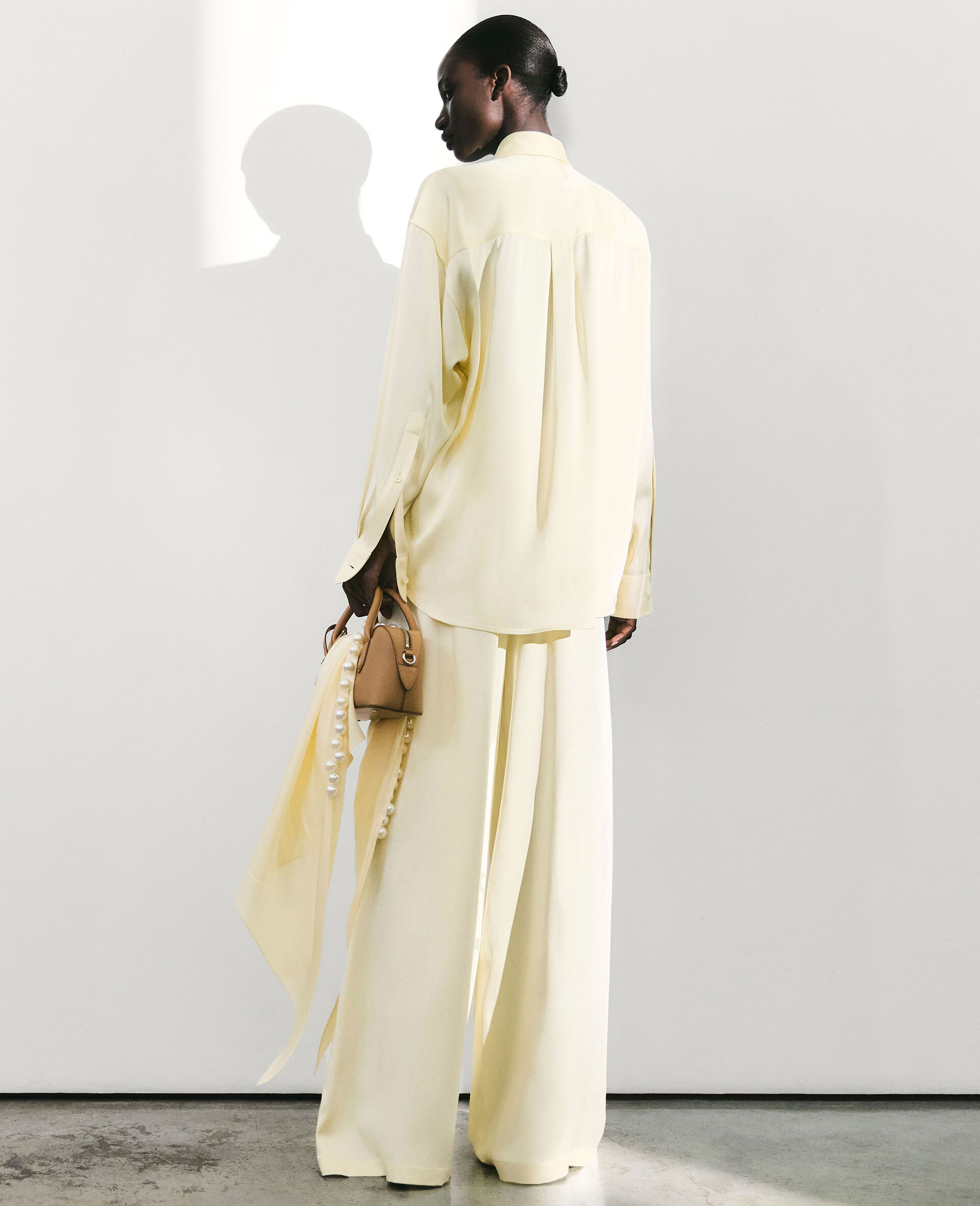 Oversized Pearl-Button Satin Shirt-Yellow-large image number 4