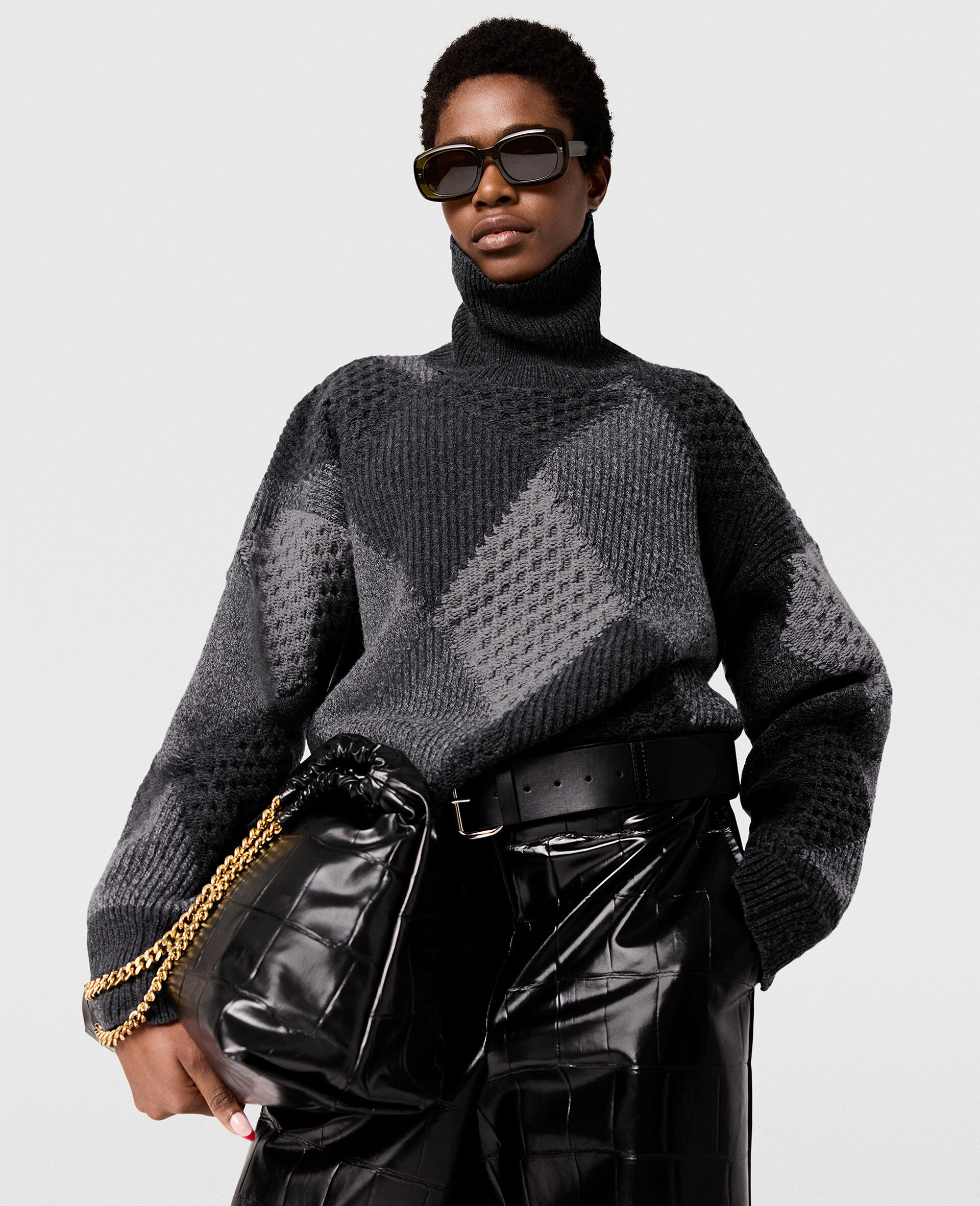 Argyle Turtleneck Jumper-Grey-model