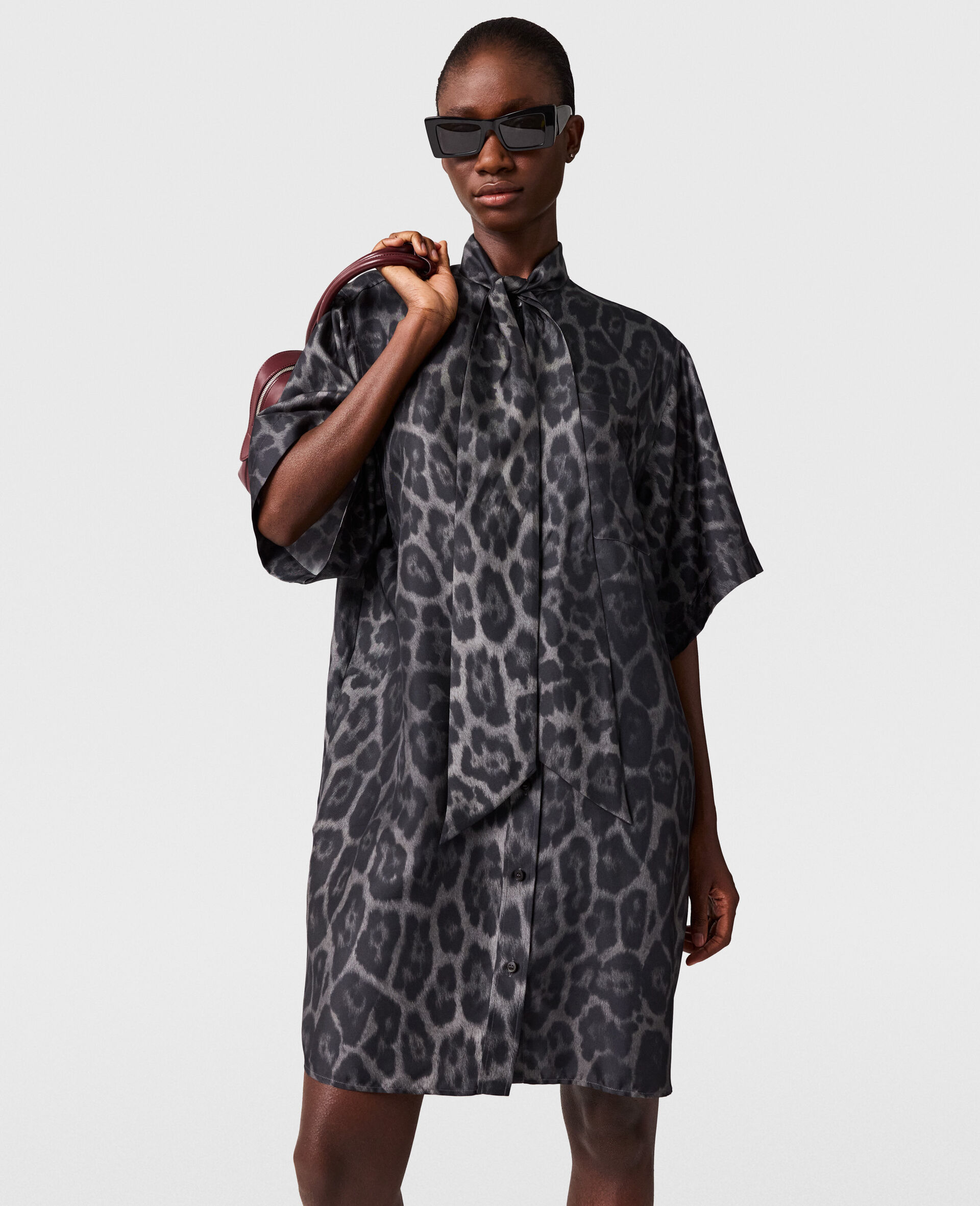 Mini robe a col cravate-Gris-medium Mini robe a col cravate-Gris-medium