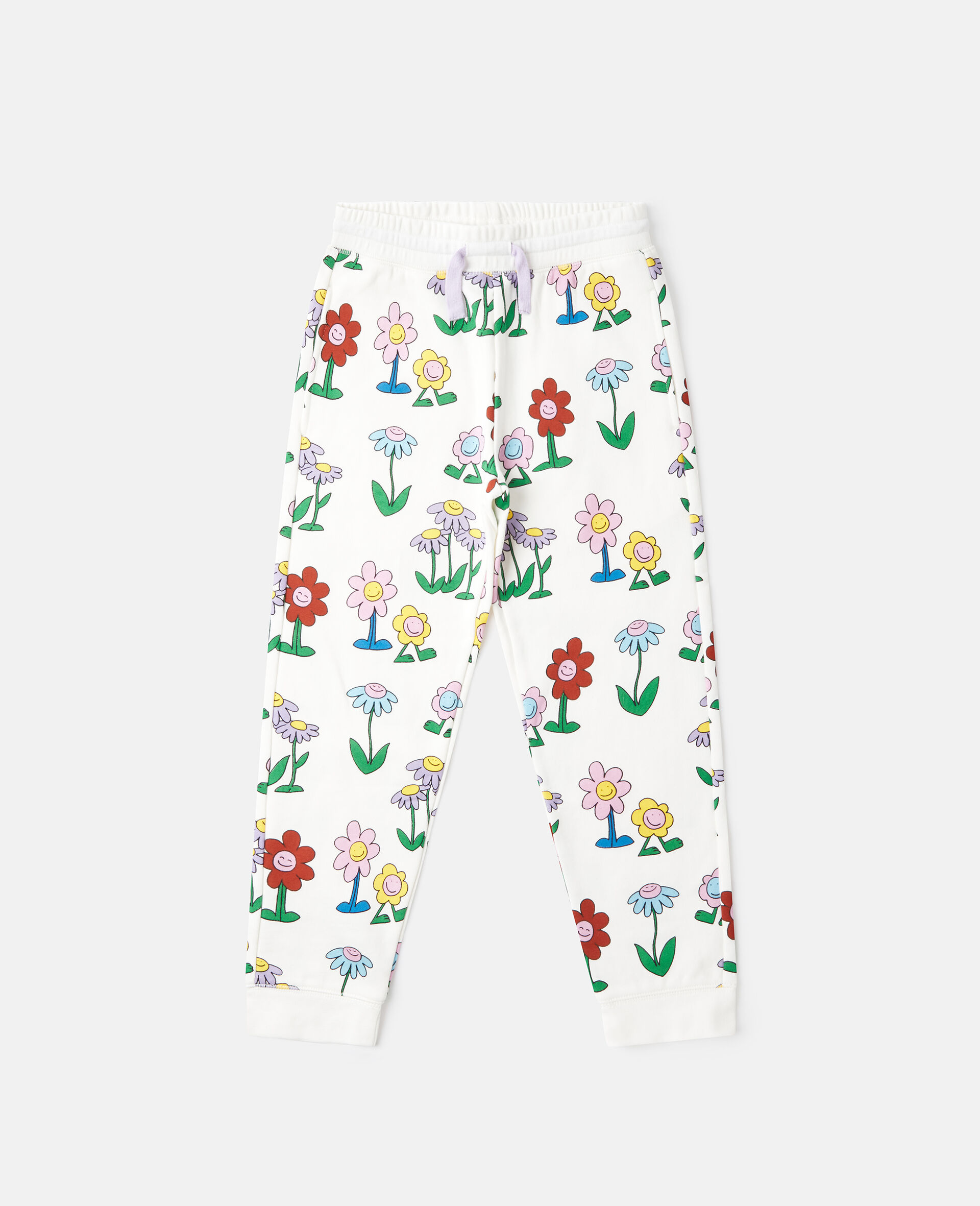 Flower Print Drawstring Sweatpants-White-medium