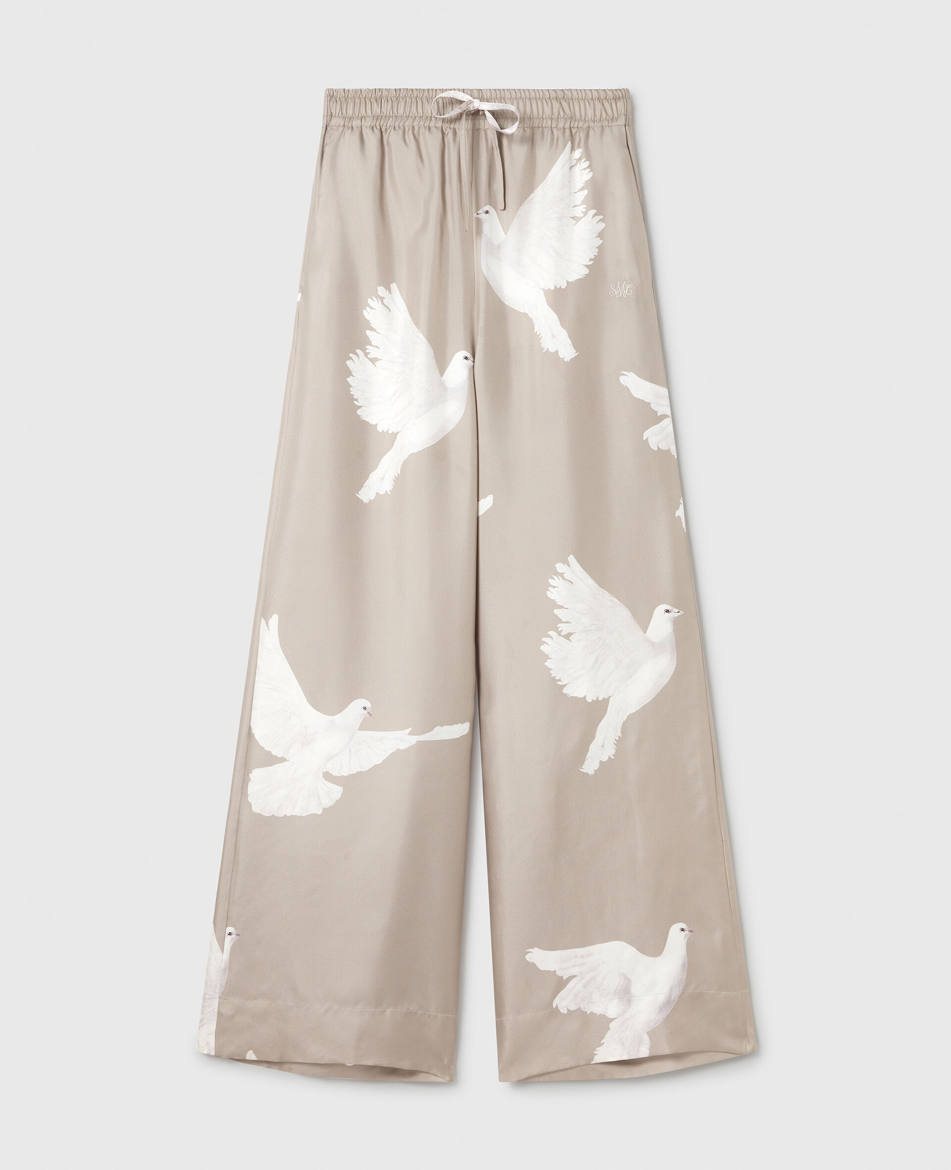 Oversized Drawstring Dove Print Trousers-Beige-medium
