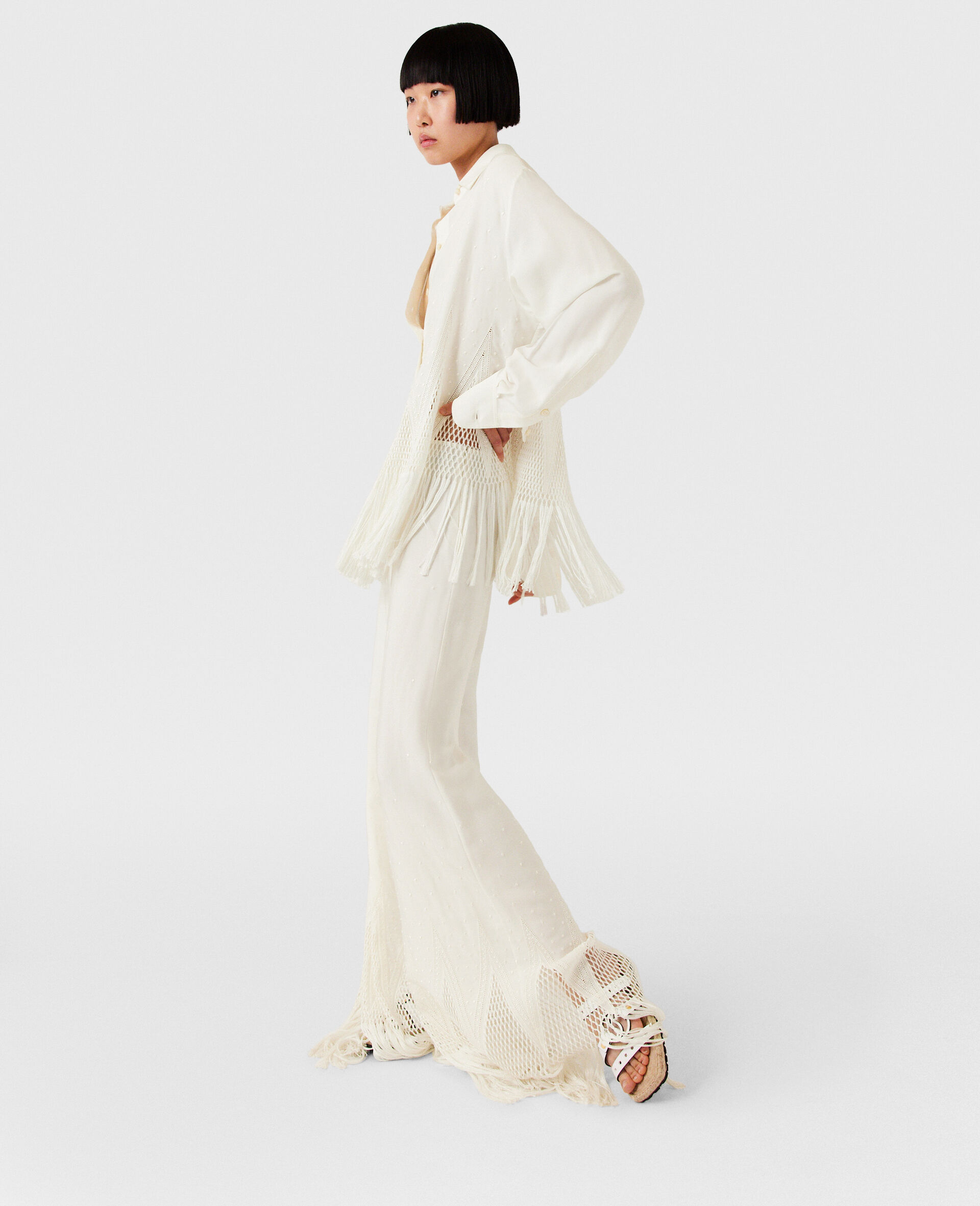 Pantalon large a franges en maille ouverte-Cream-large image number 2