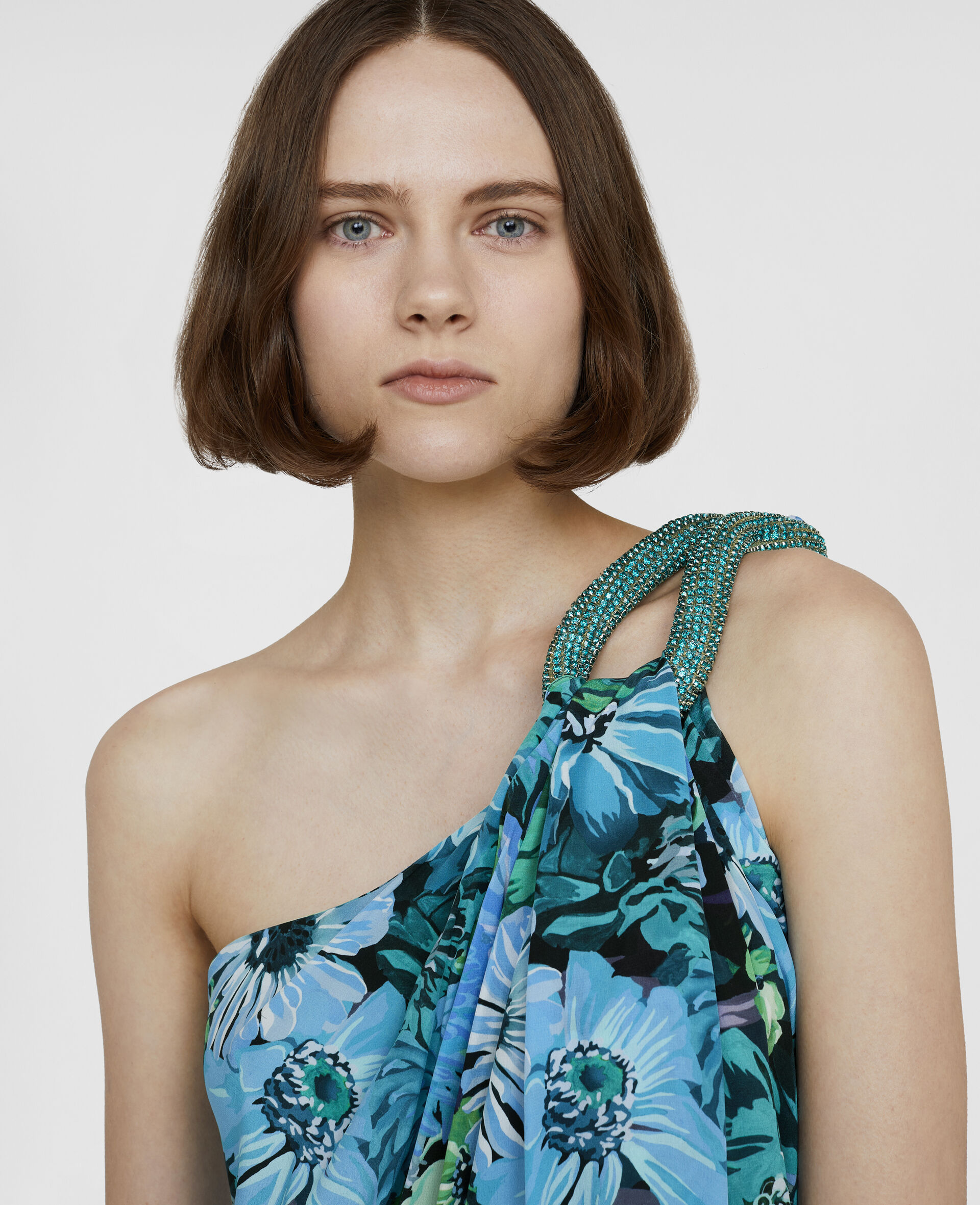 One Shoulder Painted Floral Print Silk Dress-Blue-large image number 2