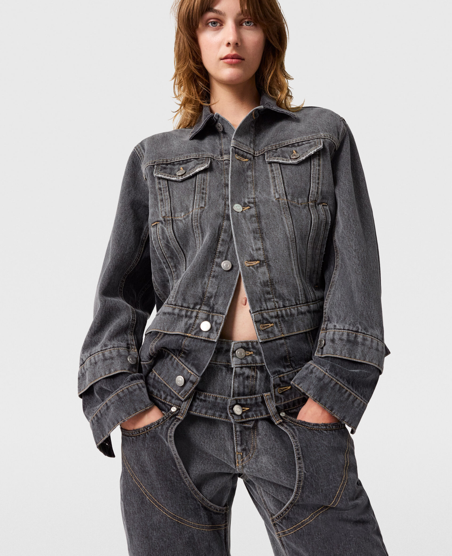 Tonal Paneled Denim Jacket-Black-model