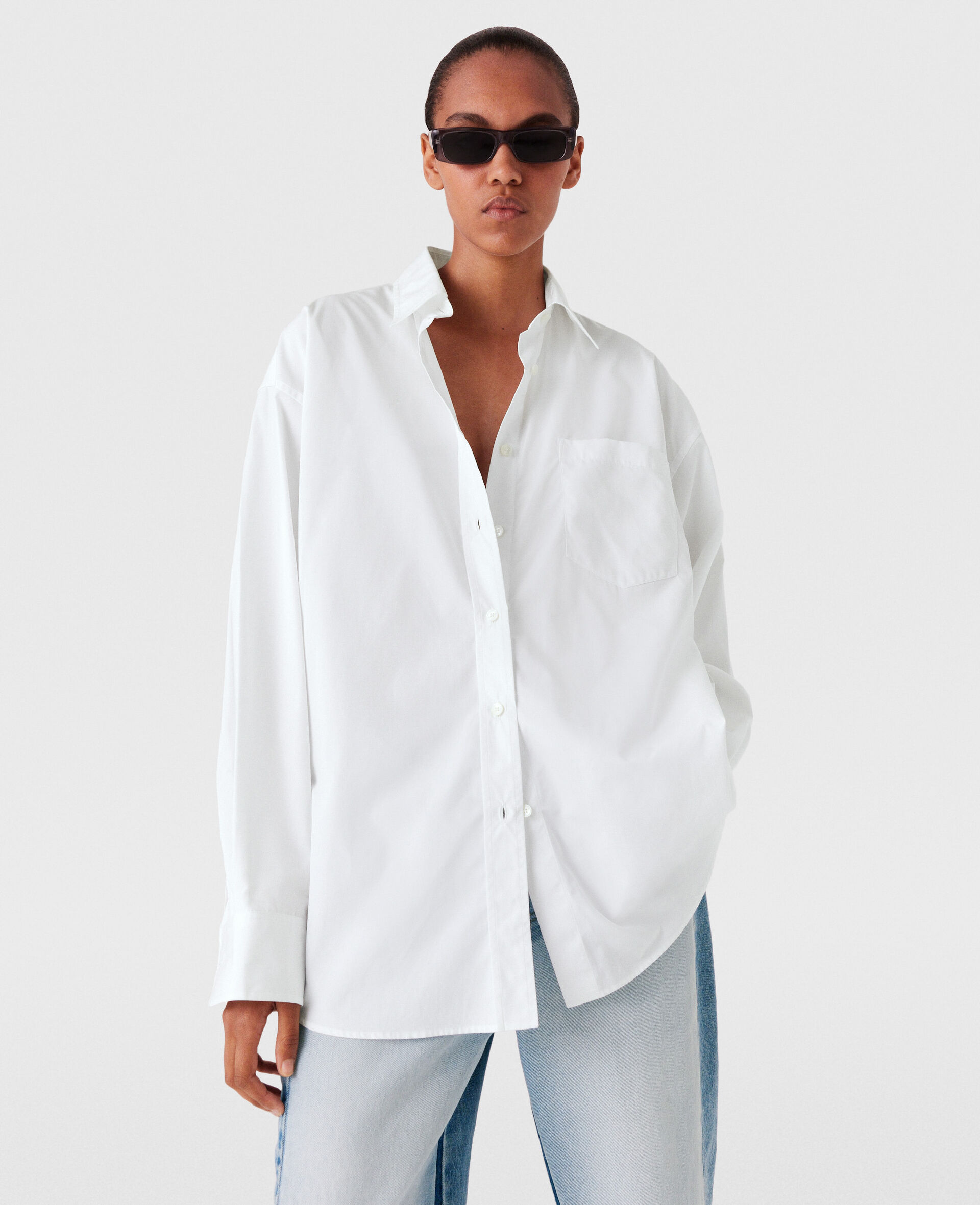 Poppy Print Panel Shirt-White-model