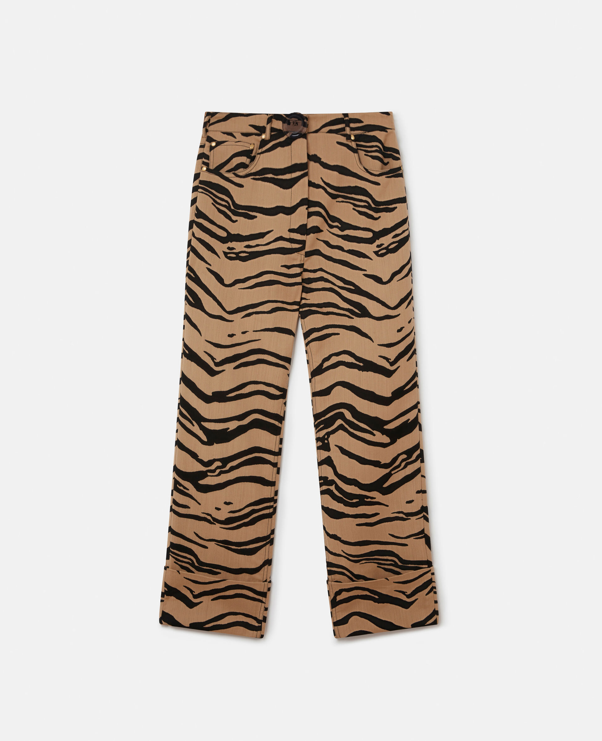 Tiger Print Cropped Jacquard Trousers-Beige-large image number 0