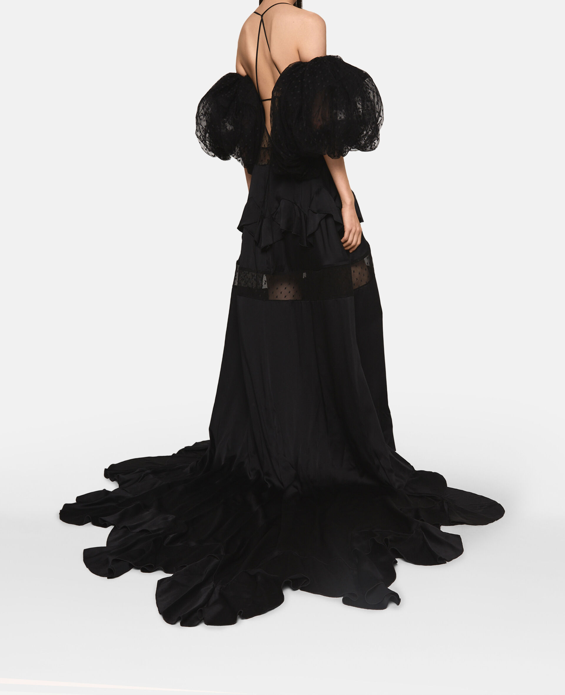 Robe longue en mesh &agrave; pois avec manches bouffantes-Noir-large image number 3