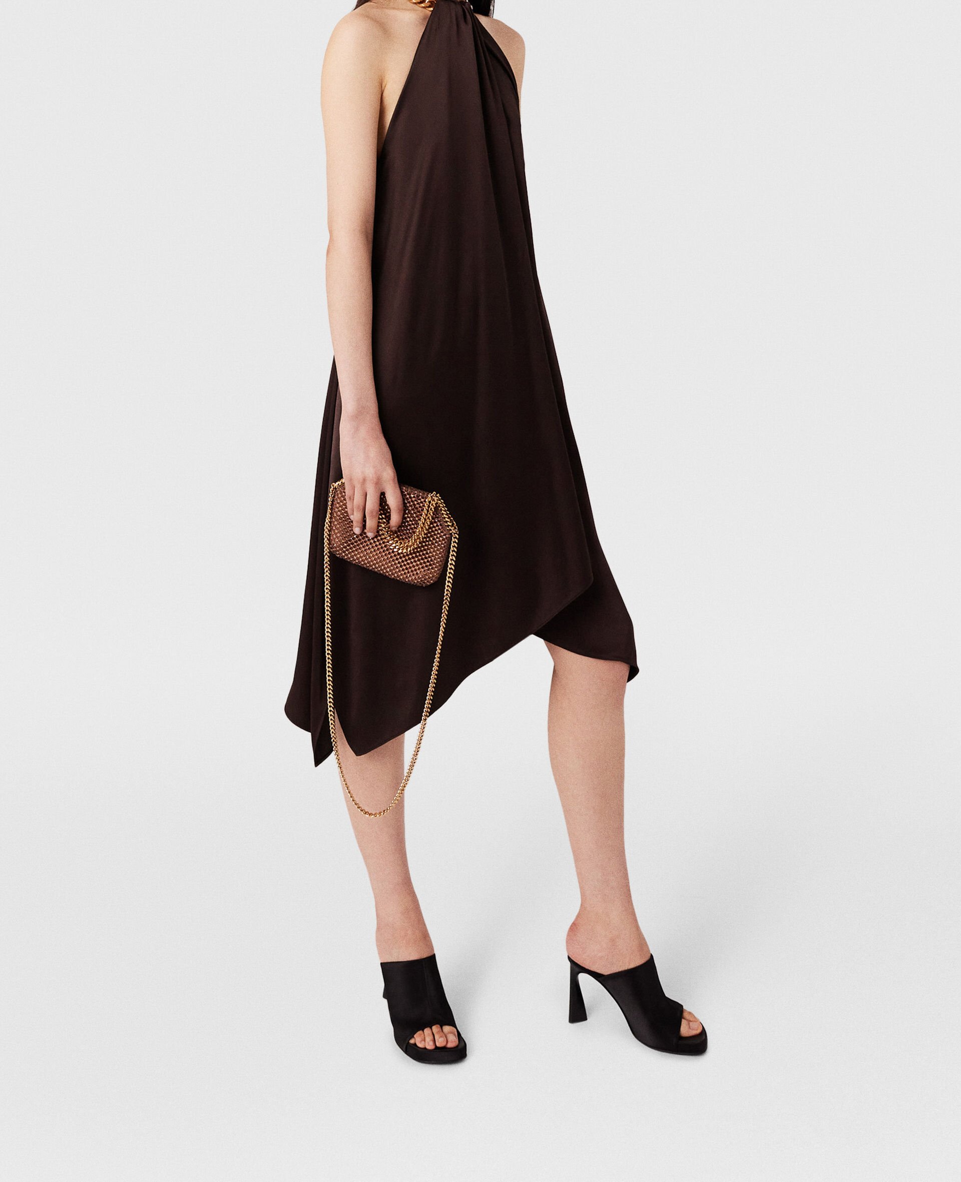 Chain Halterneck Satin Midi Dress-Brown-medium Chain Halterneck Satin Midi Dress-Brown-medium