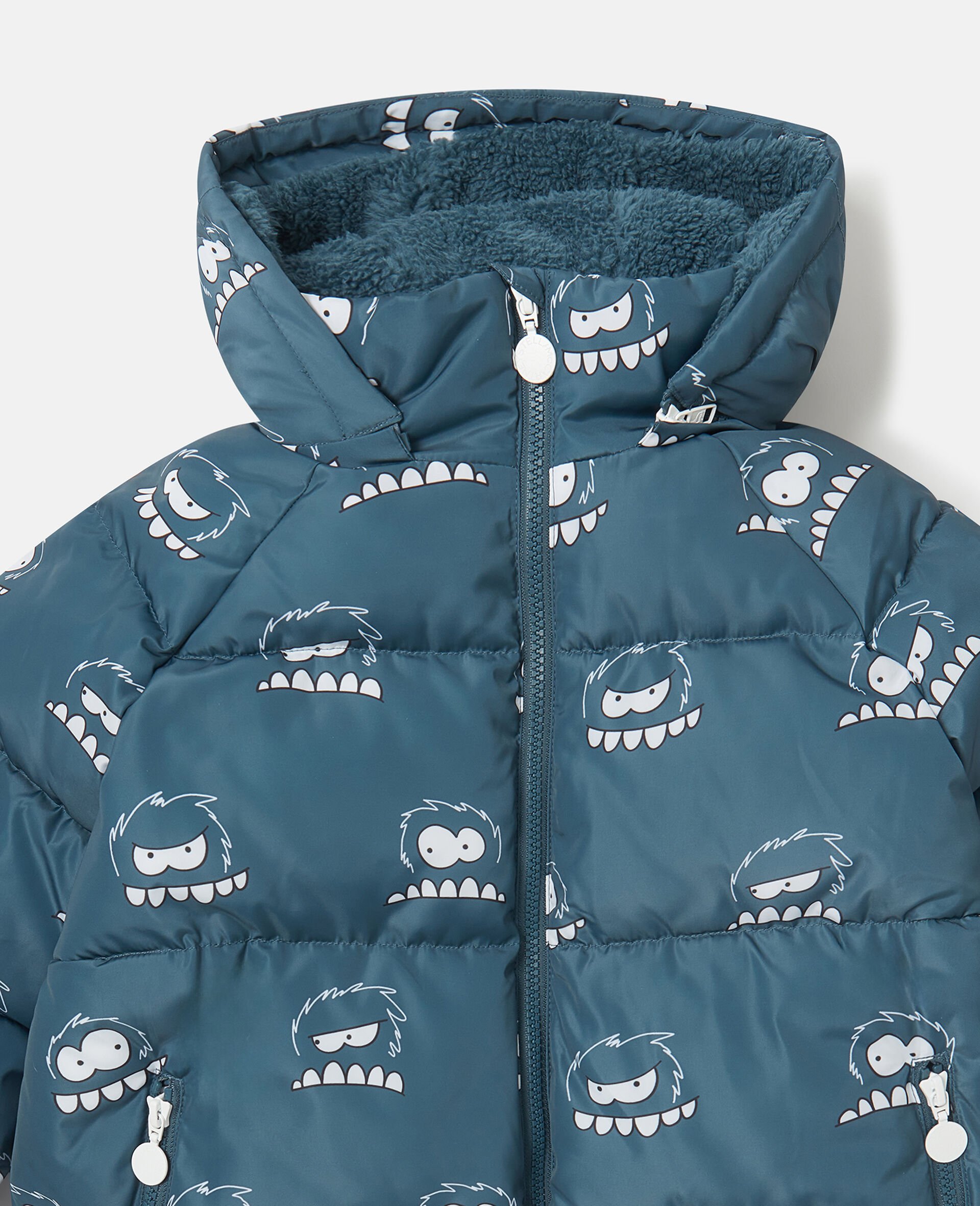 Monster Print Hooded Puffer Coat-Blue-medium Monster Print Hooded Puffer Coat-Blue-medium