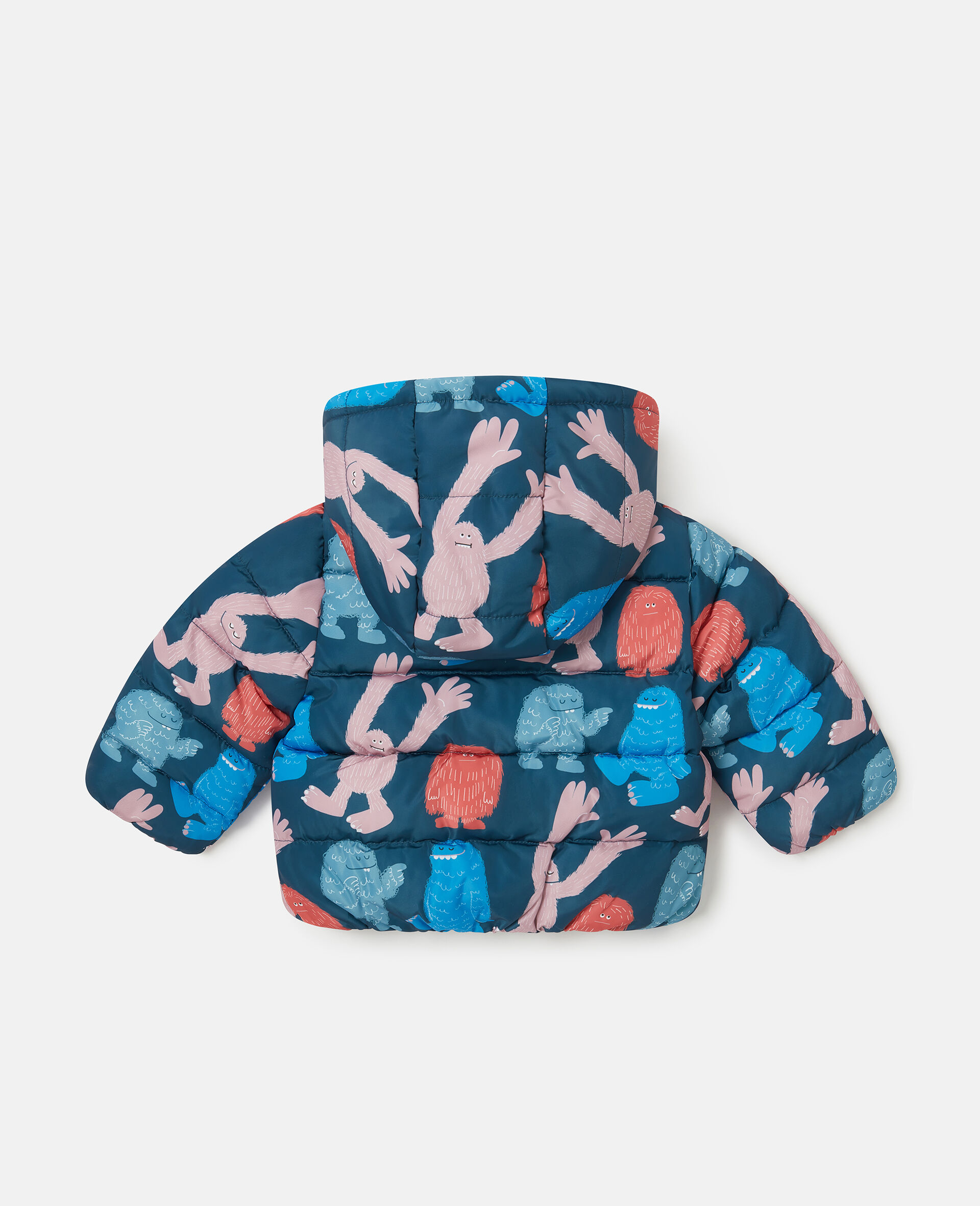 Monster Print Hooded Puffer Coat-Blue-large image number 2