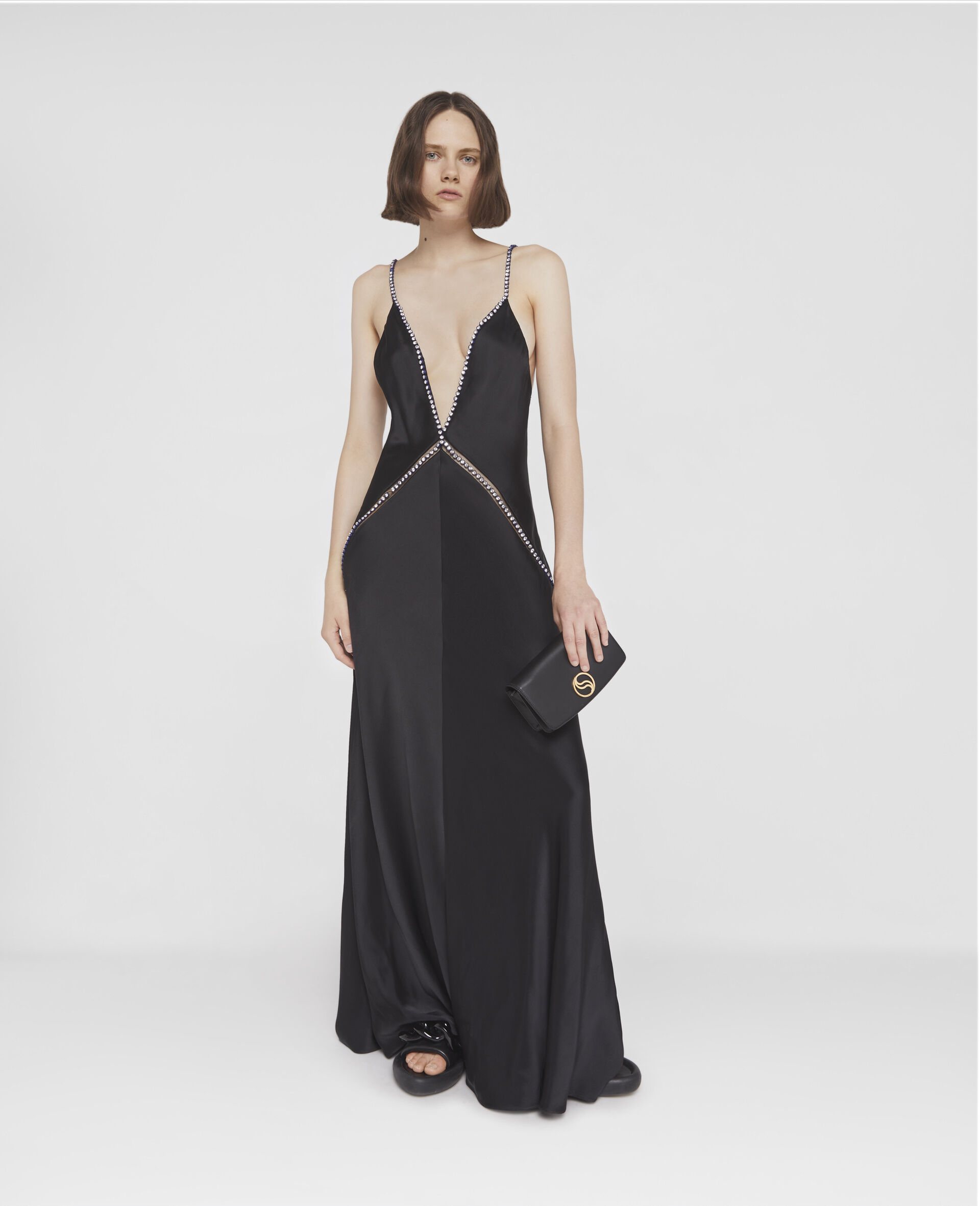Crystal Frame Double Satin A-Line Maxi Dress-Black-large image number 1
