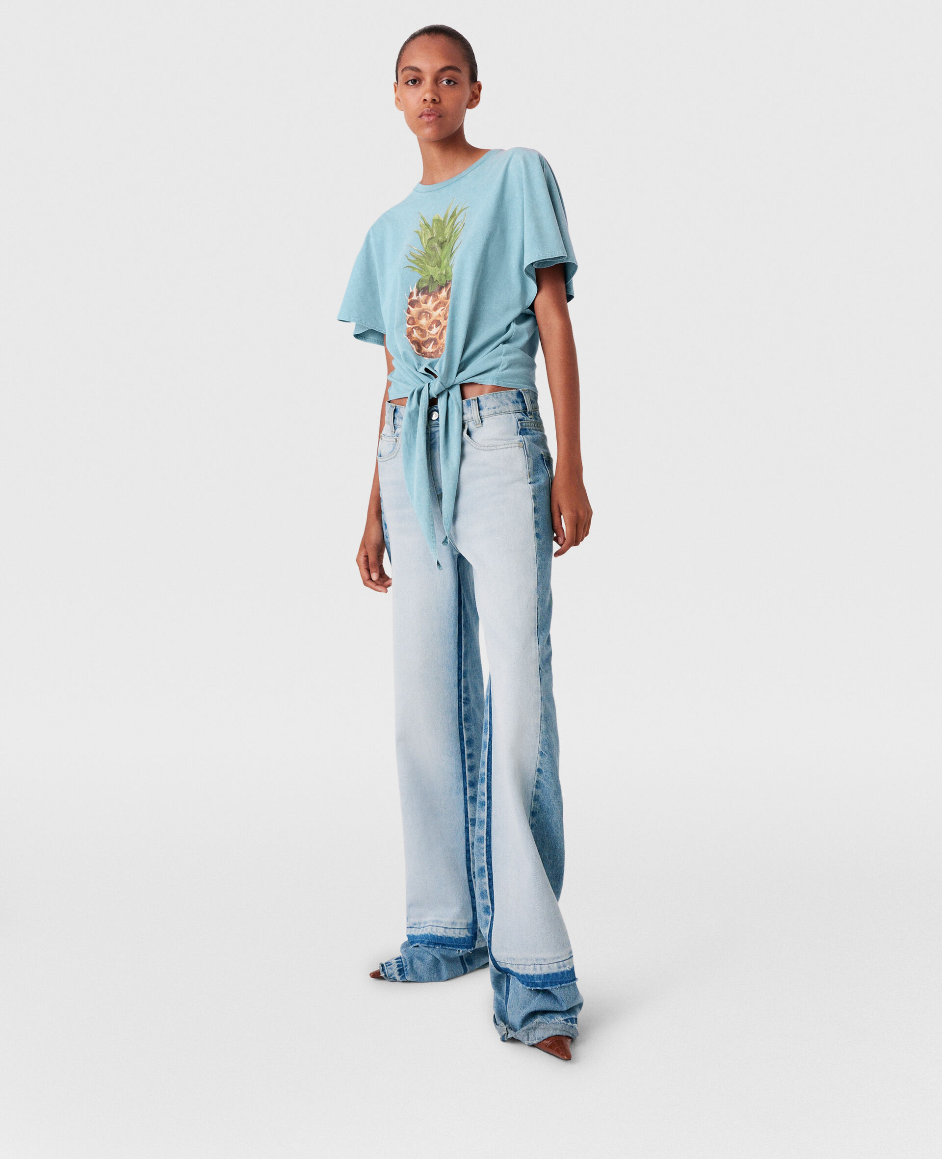 Pineapple Tie-front Cotton T-Shirt-Blue-large image number 4