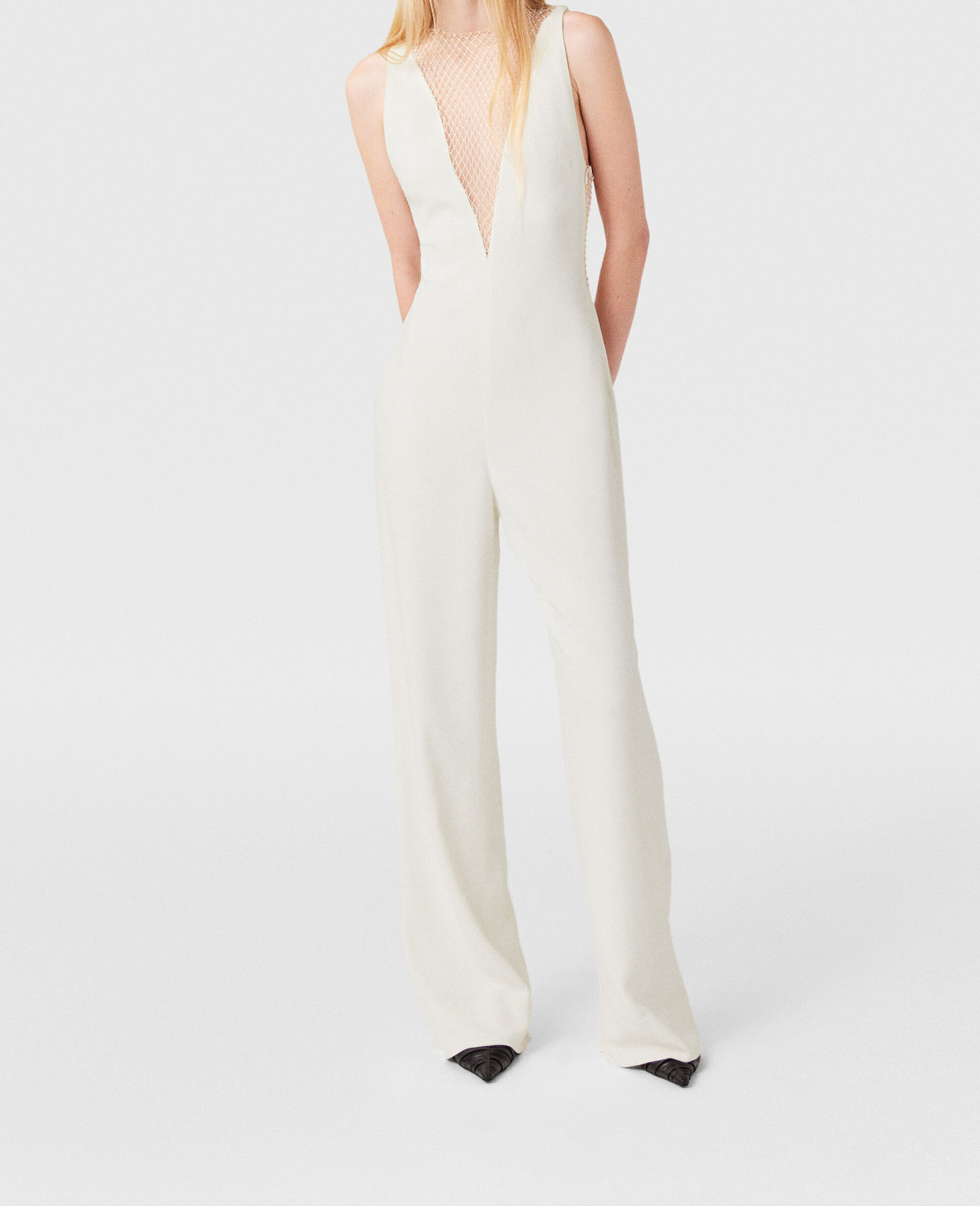 Crystal Mesh Deep V Jumpsuit-White-large image number 5