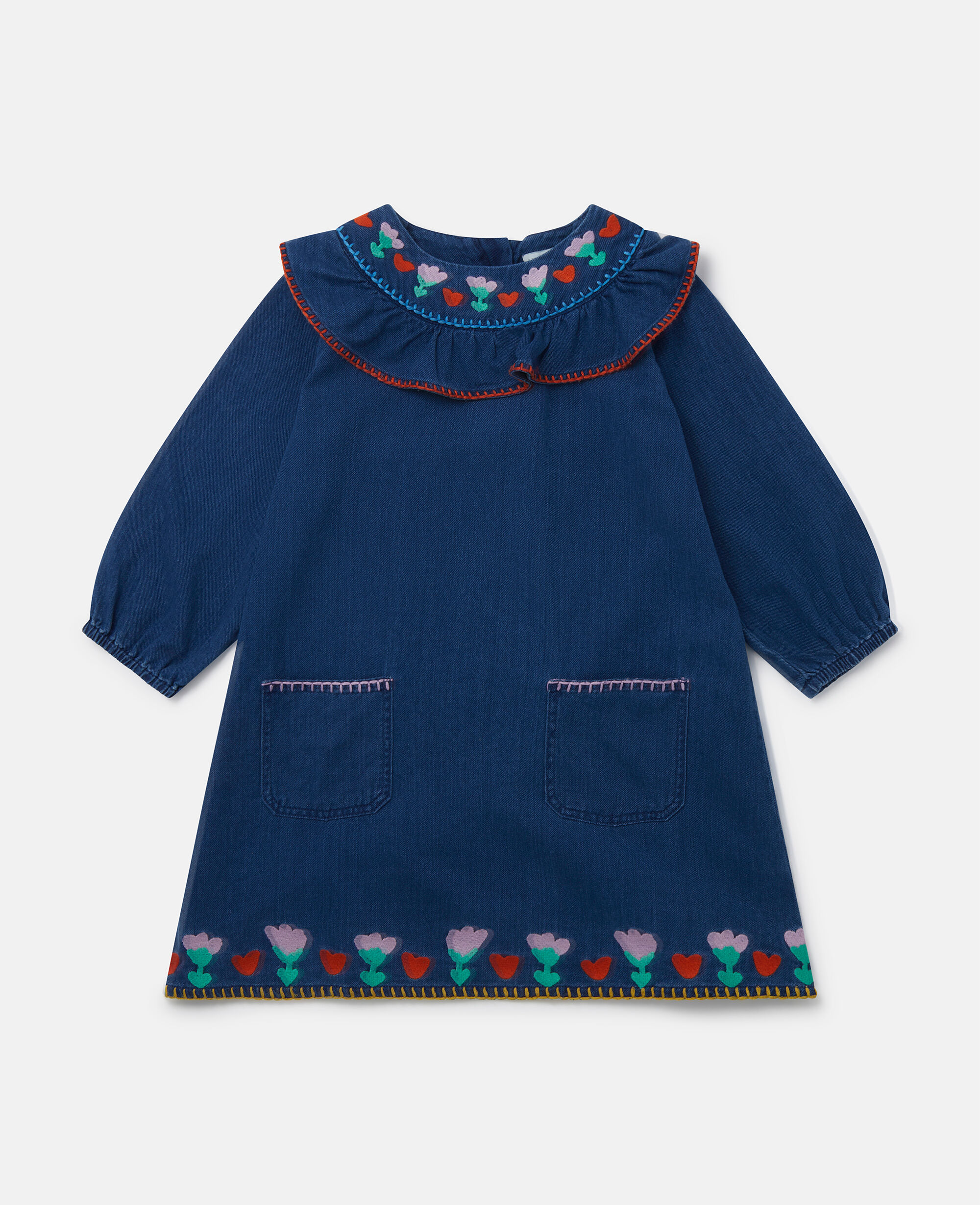 Women Navy Folk Flower Embroidered Collared Dress Stella McCartney AE