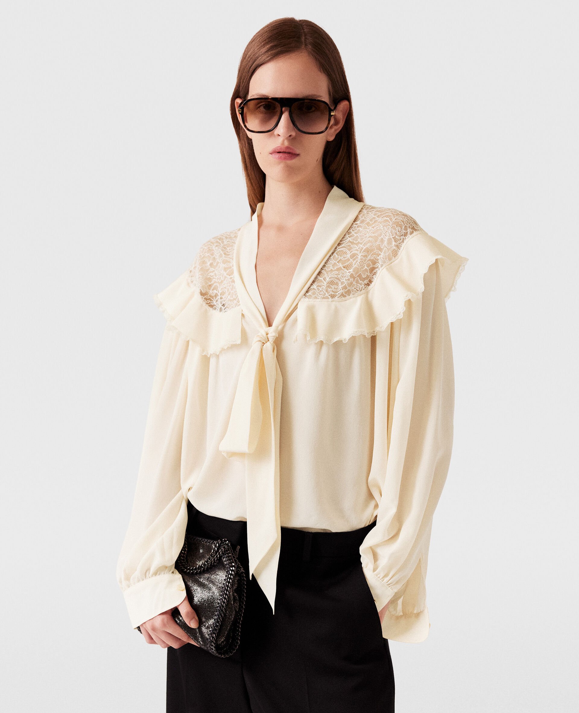 Silk Crêpe de Chine Pussybow Shirt-Cream-model