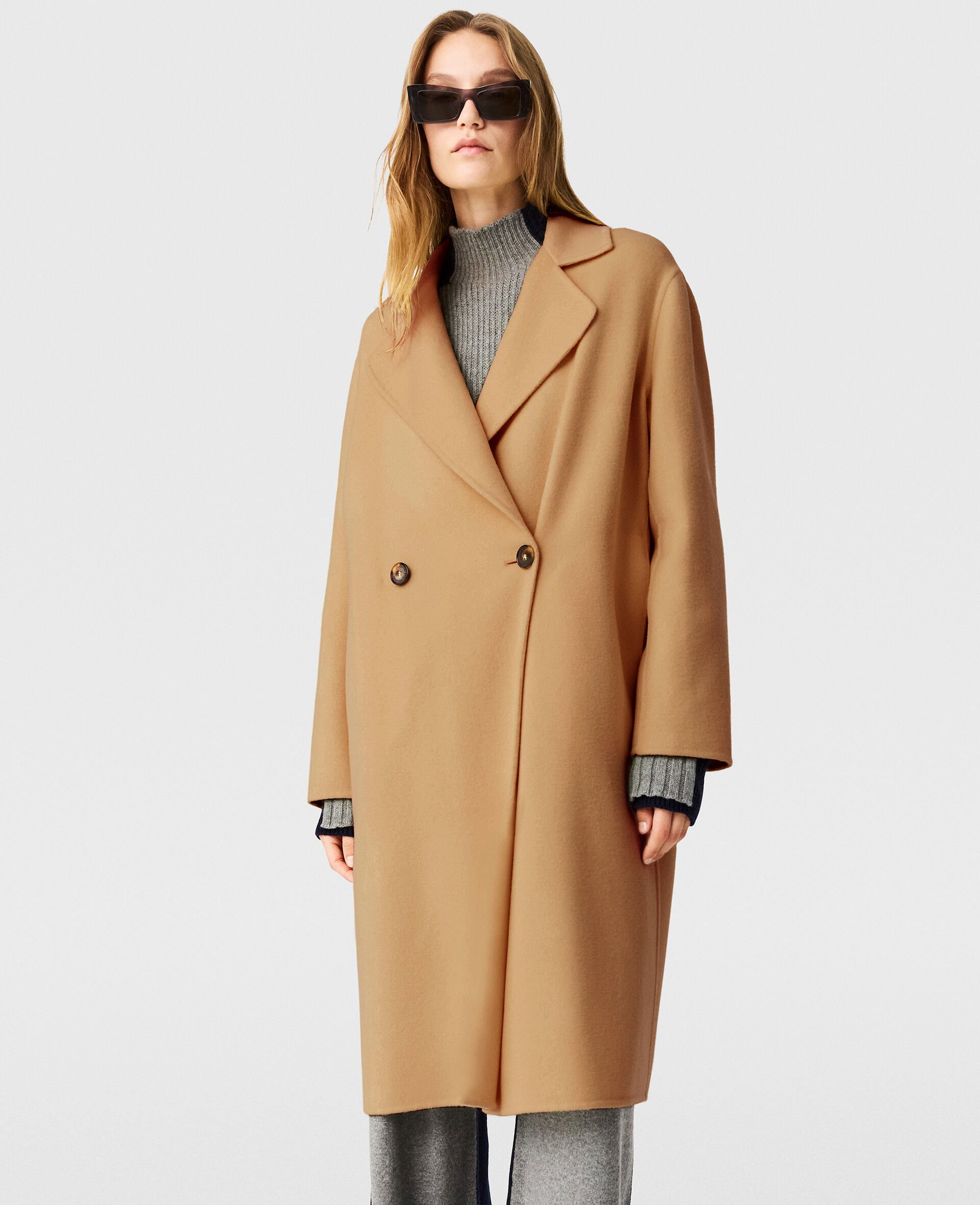 Manteau long croise en laine-Marron-medium