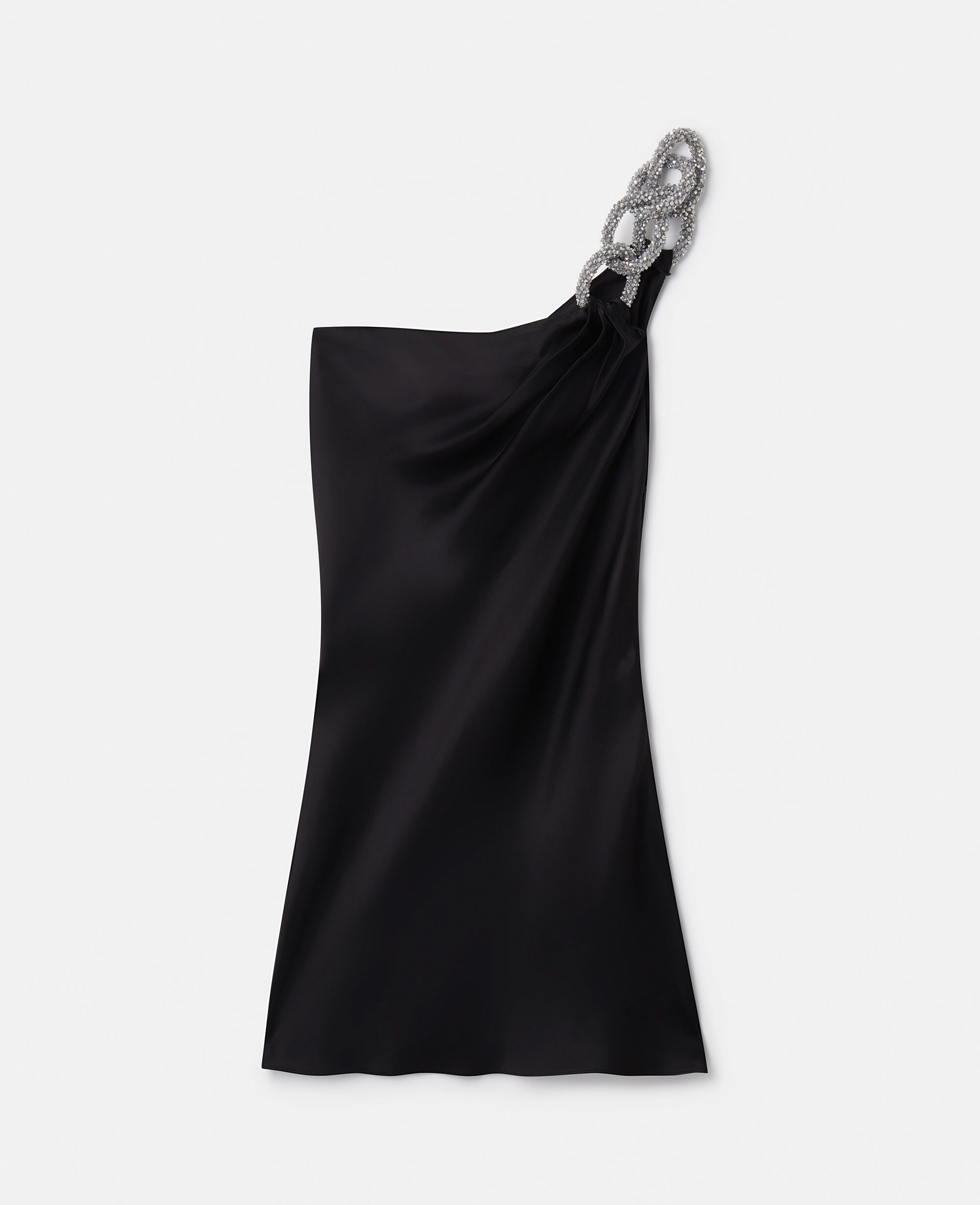 Women Black Falabella Crystal Chain Double Satin One-Shoulder Mini Dress | Stella  McCartney US