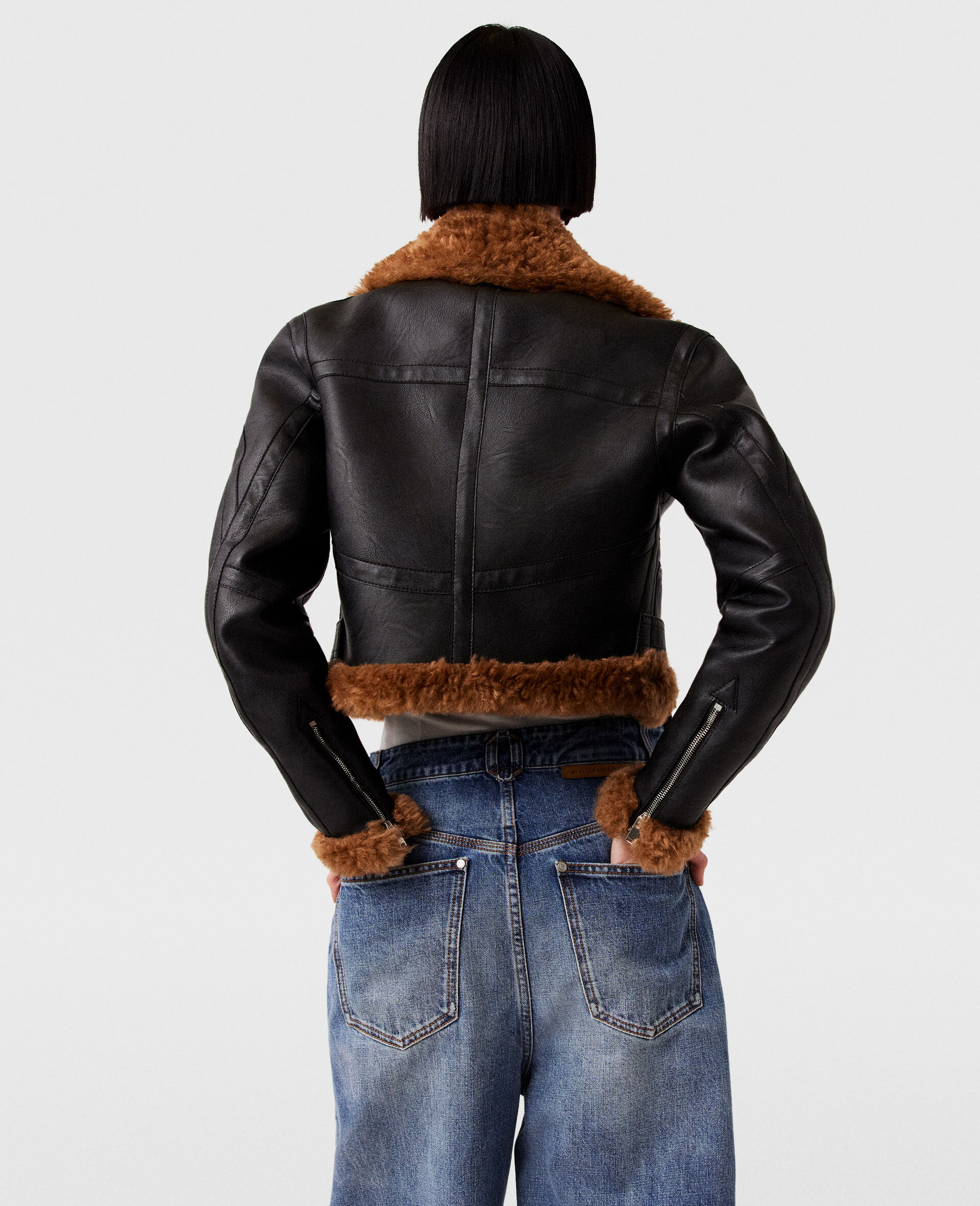 Giacca Biker Corta in Morbido Teddy-Nero-large image number 3