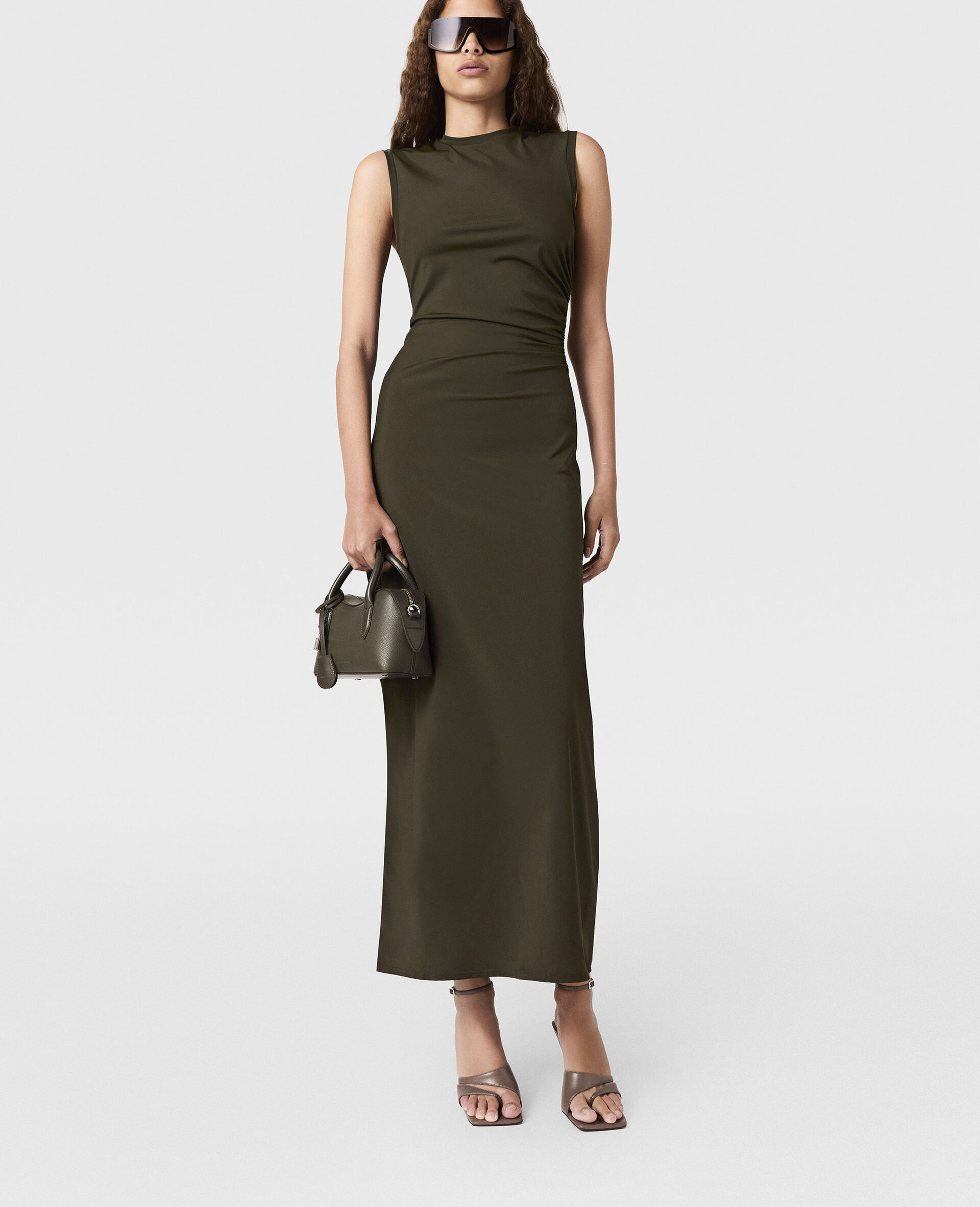 Sleeveless Crewneck Twist Mesh Midi Dress-Green-model