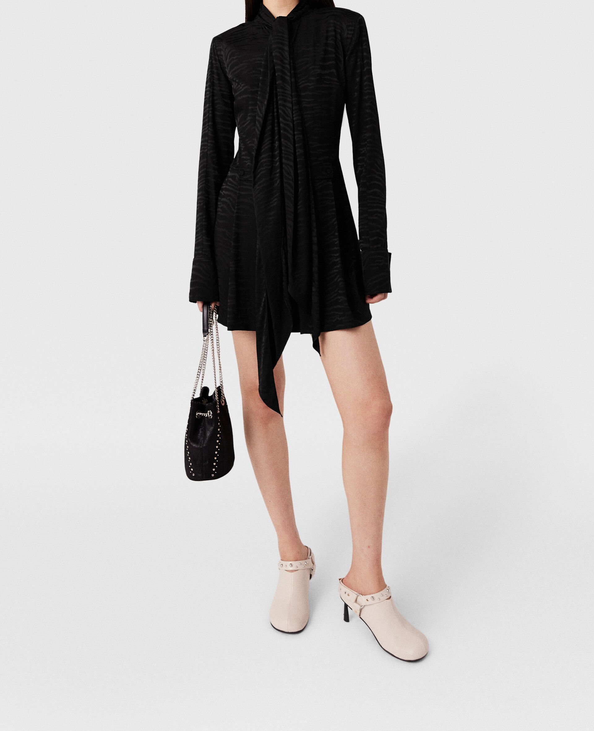 Tiger Print Tie-Neck Midi Dress-Black-model