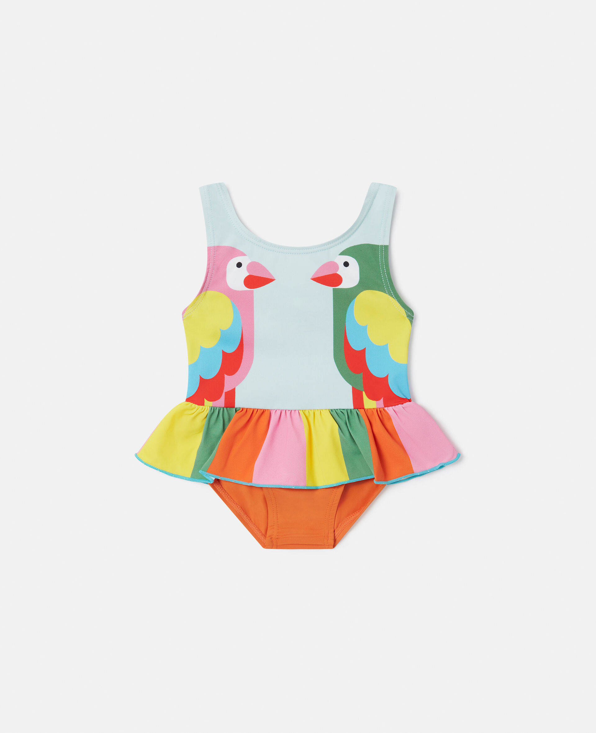 Double Parrot Print Frill Swimsuit-Blue-large image number 0