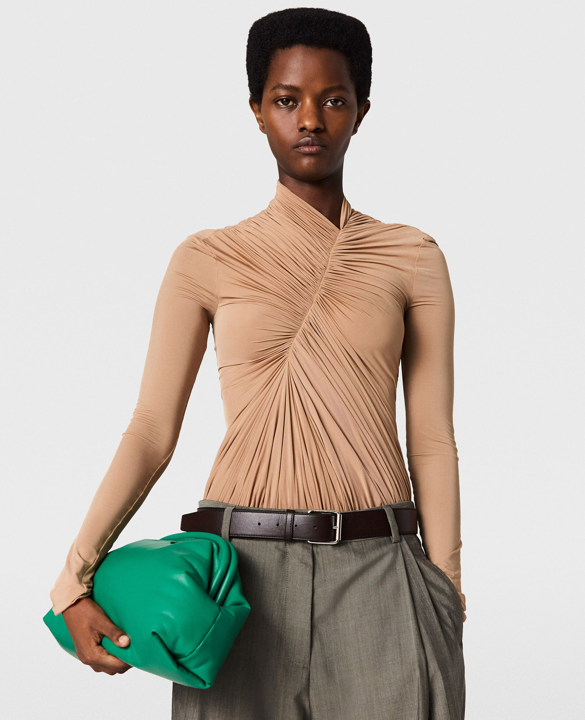 Crepe Jersey Draped Bodysuit-Brown-medium