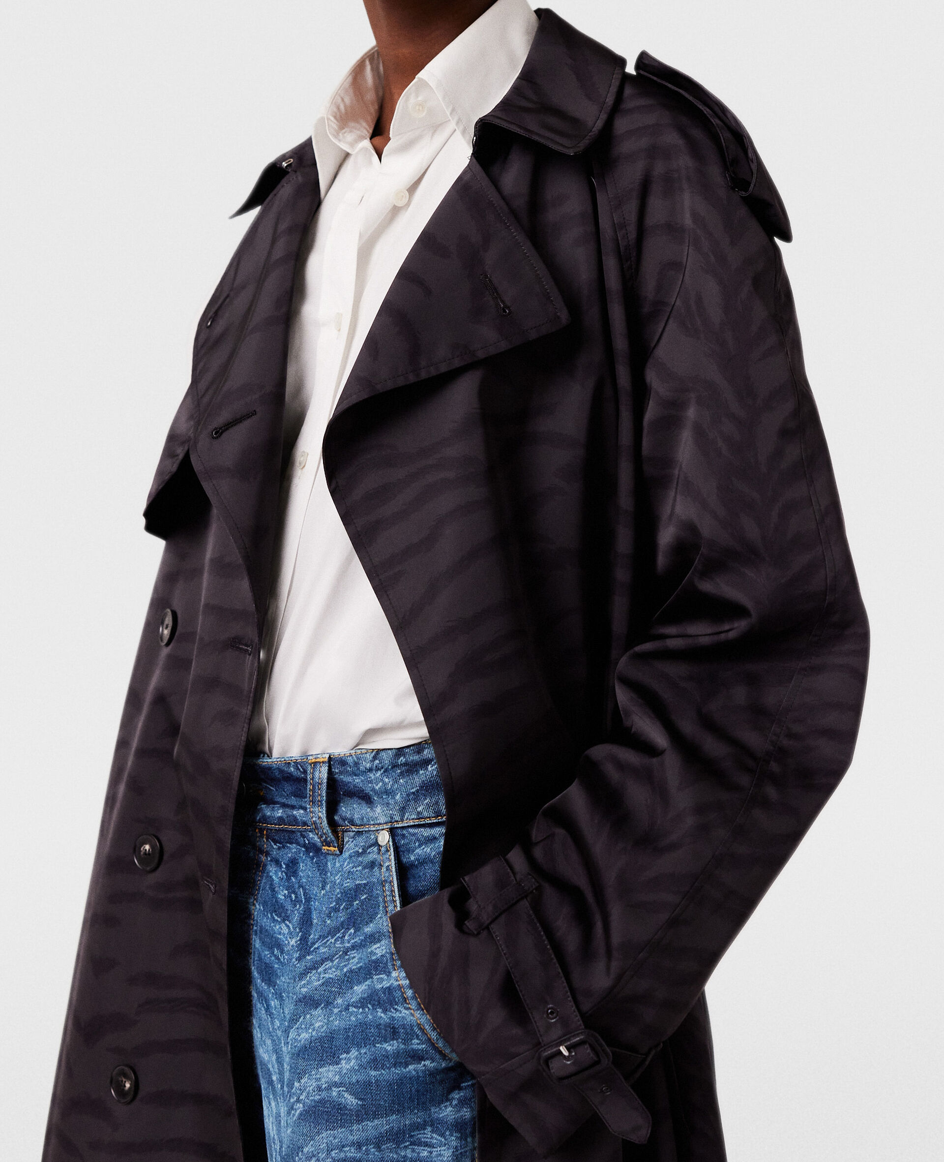 Tiger Print Belted Trench Coat -Black-large image number 5