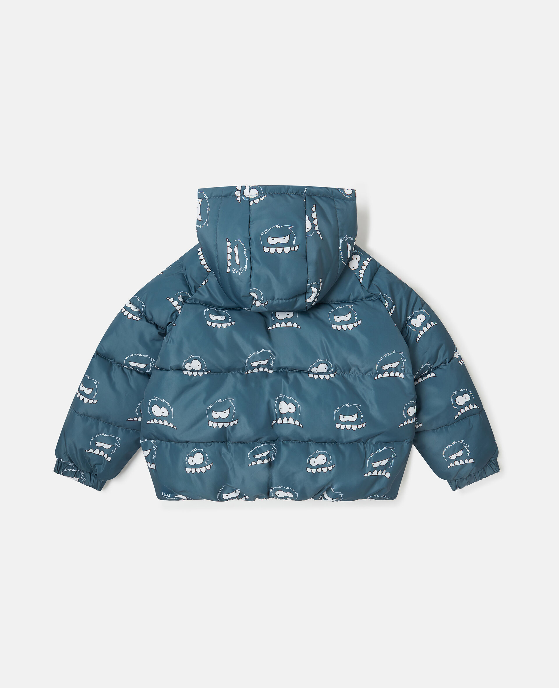 Monster Print Hooded Puffer Coat-Blue-large image number 2
