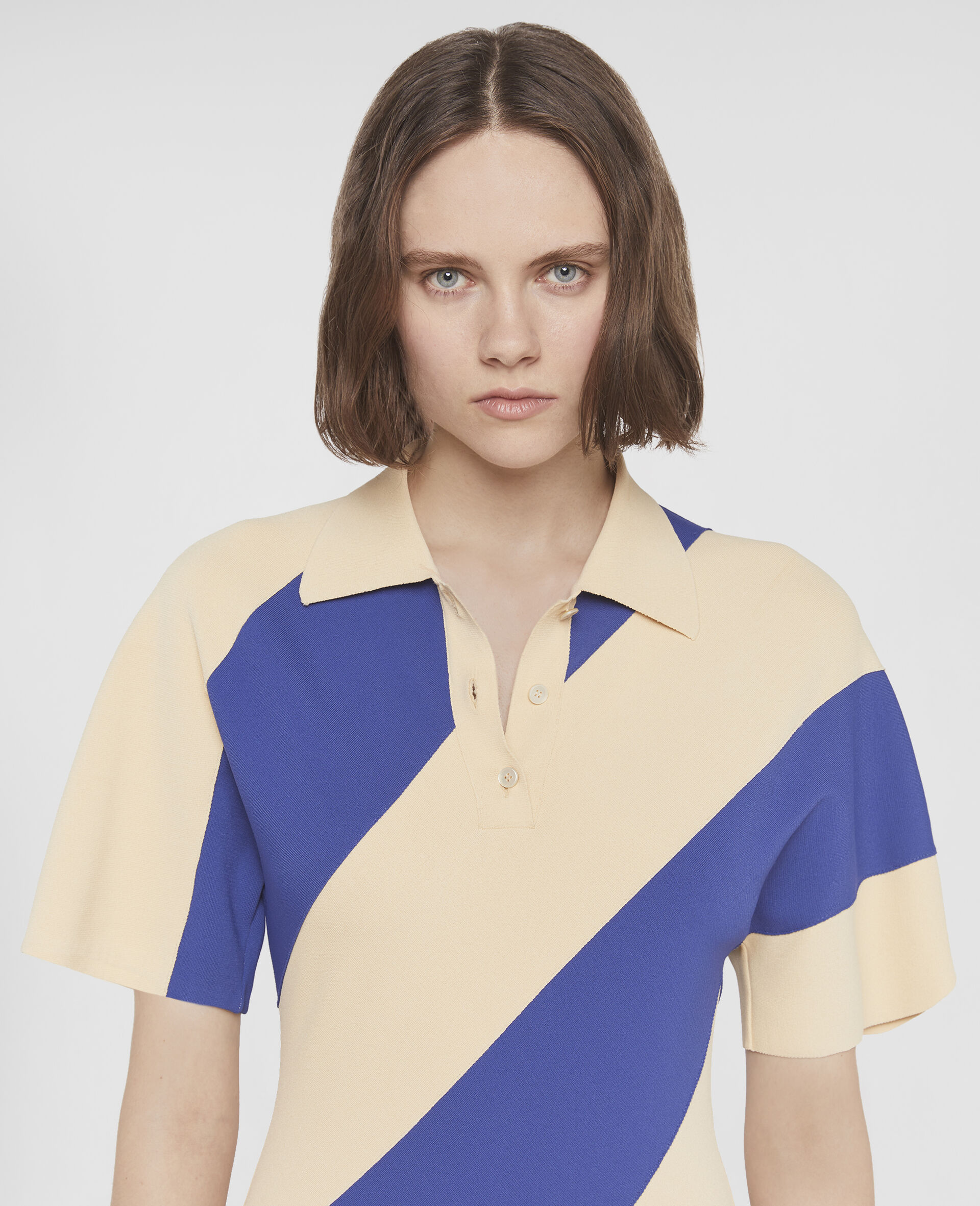 Striped Compact Knit Polo Dress-Multicolour-large image number 3