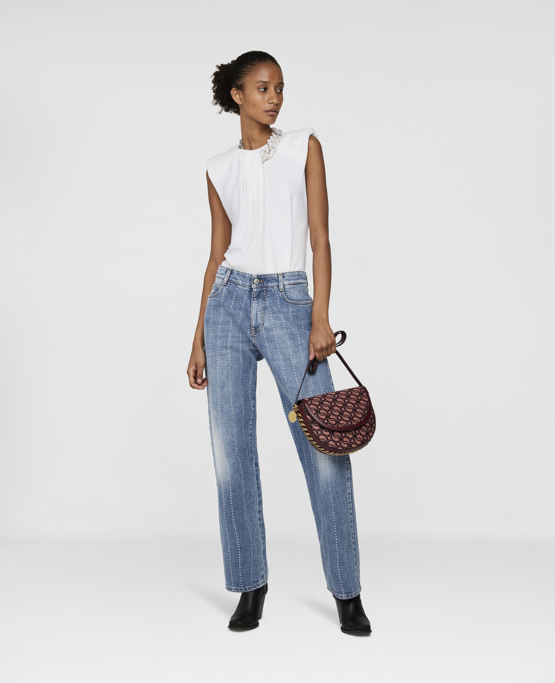 Diamanté Striped Straight Denim Jeans-Blue-large image number 1
