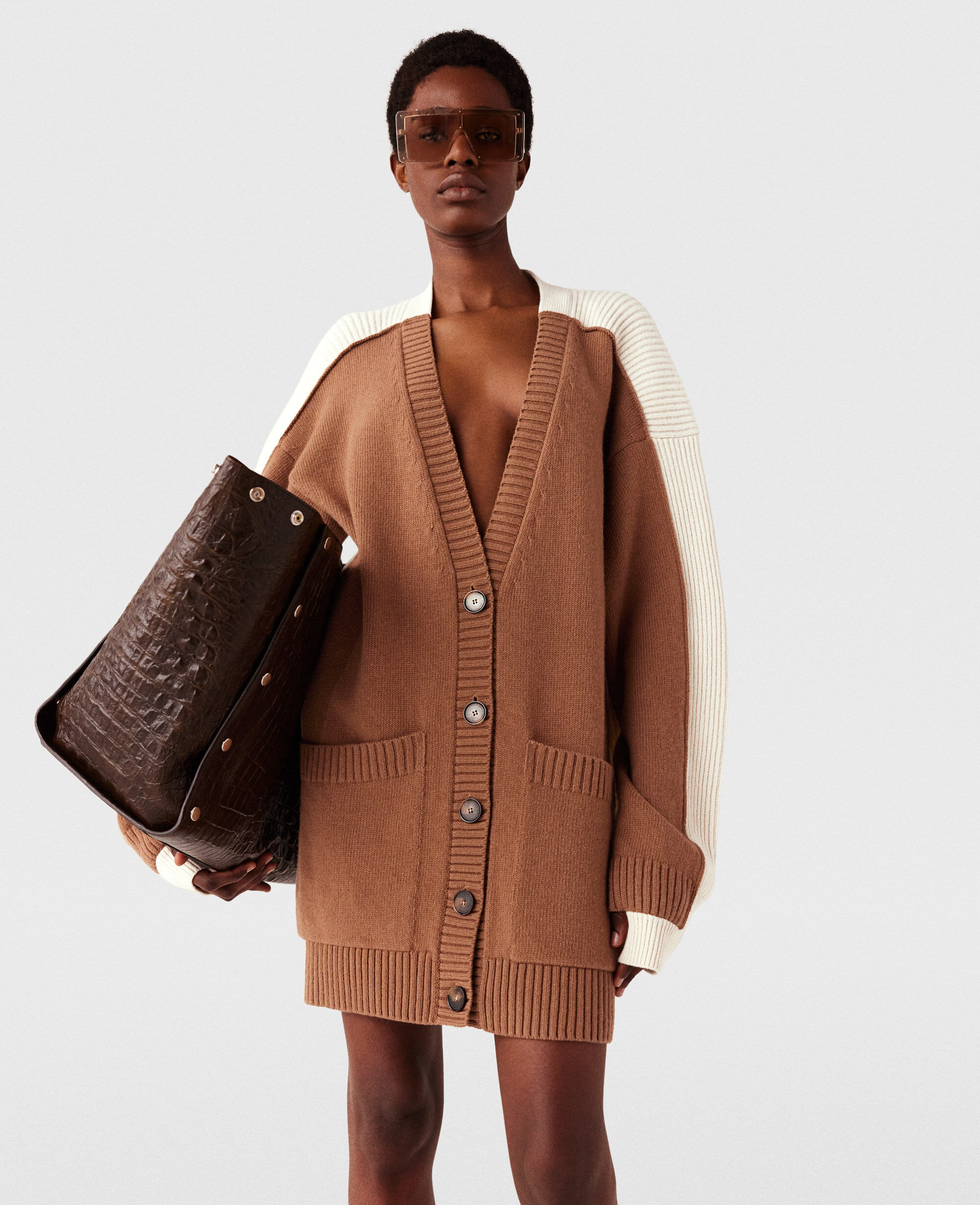Women Light brown white Hybrid Oversized V Neck Cardigan Stella McCartney GB