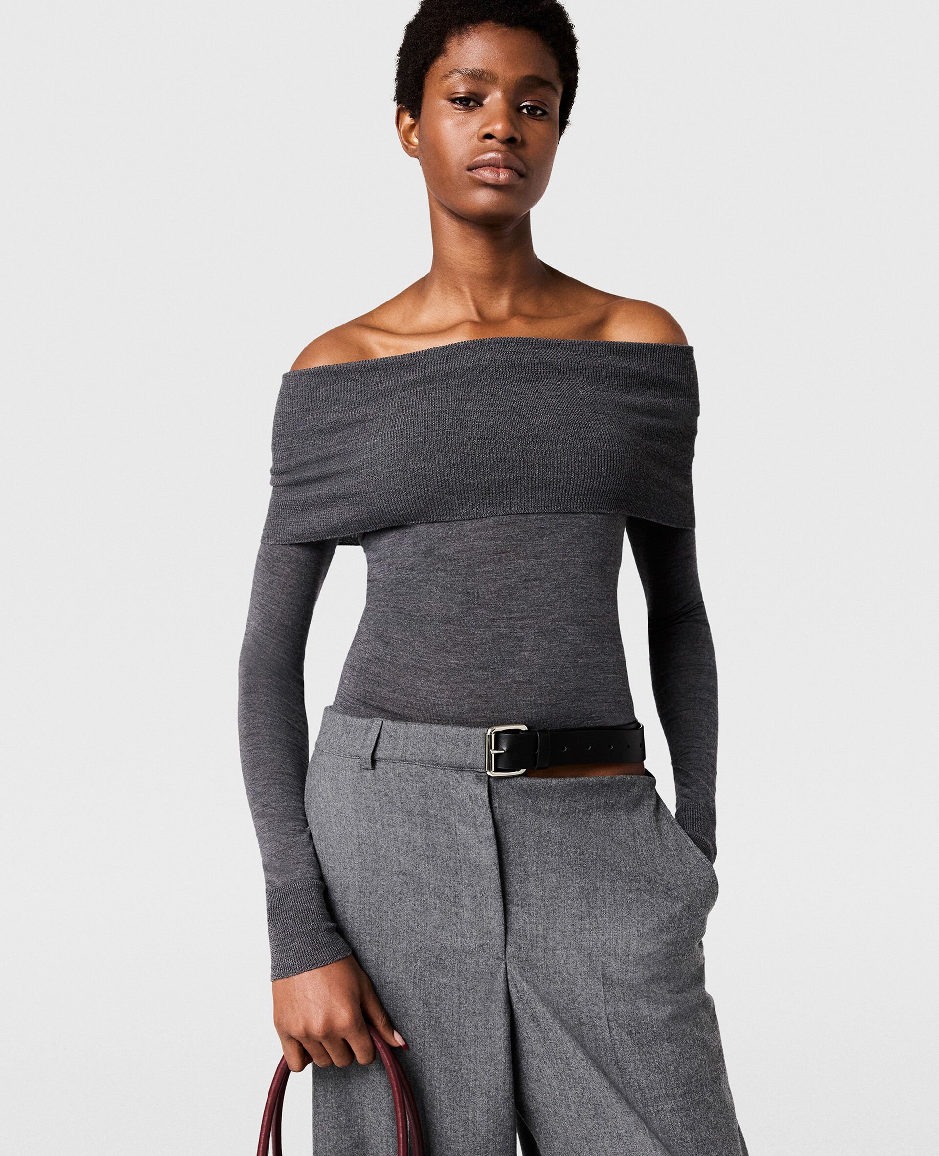 Off-Shoulder Long-Sleeve Jumper-Grey-model Off-Shoulder Long-Sleeve Jumper-Grey-model