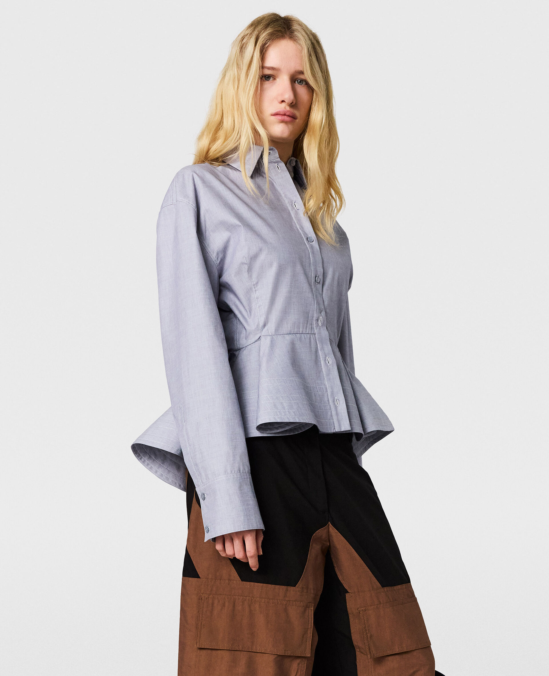 Chambray Peplum Shirt-Blue-medium