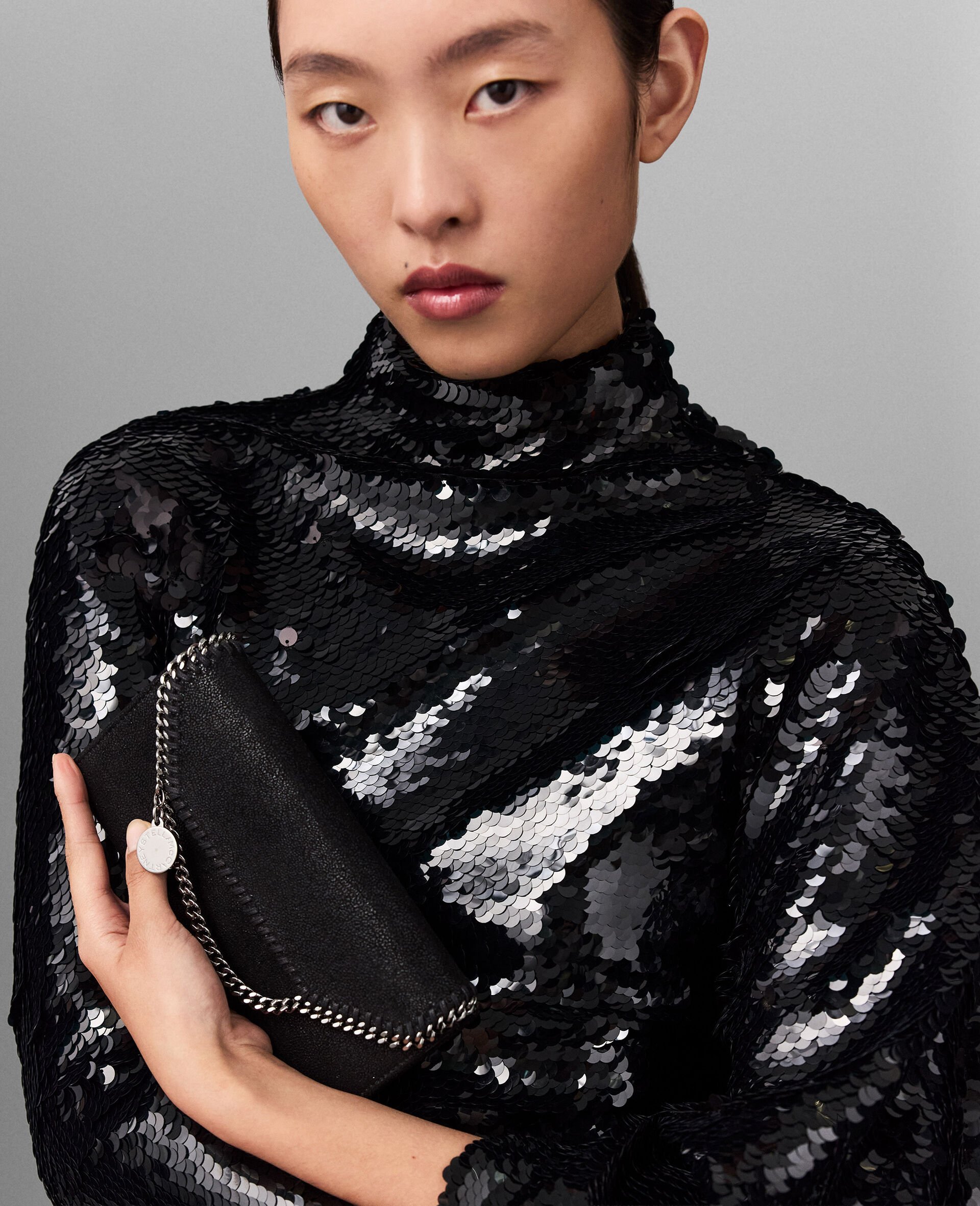 Long-Sleeve Sequin Draped Mini Dress-Black-large image number 3