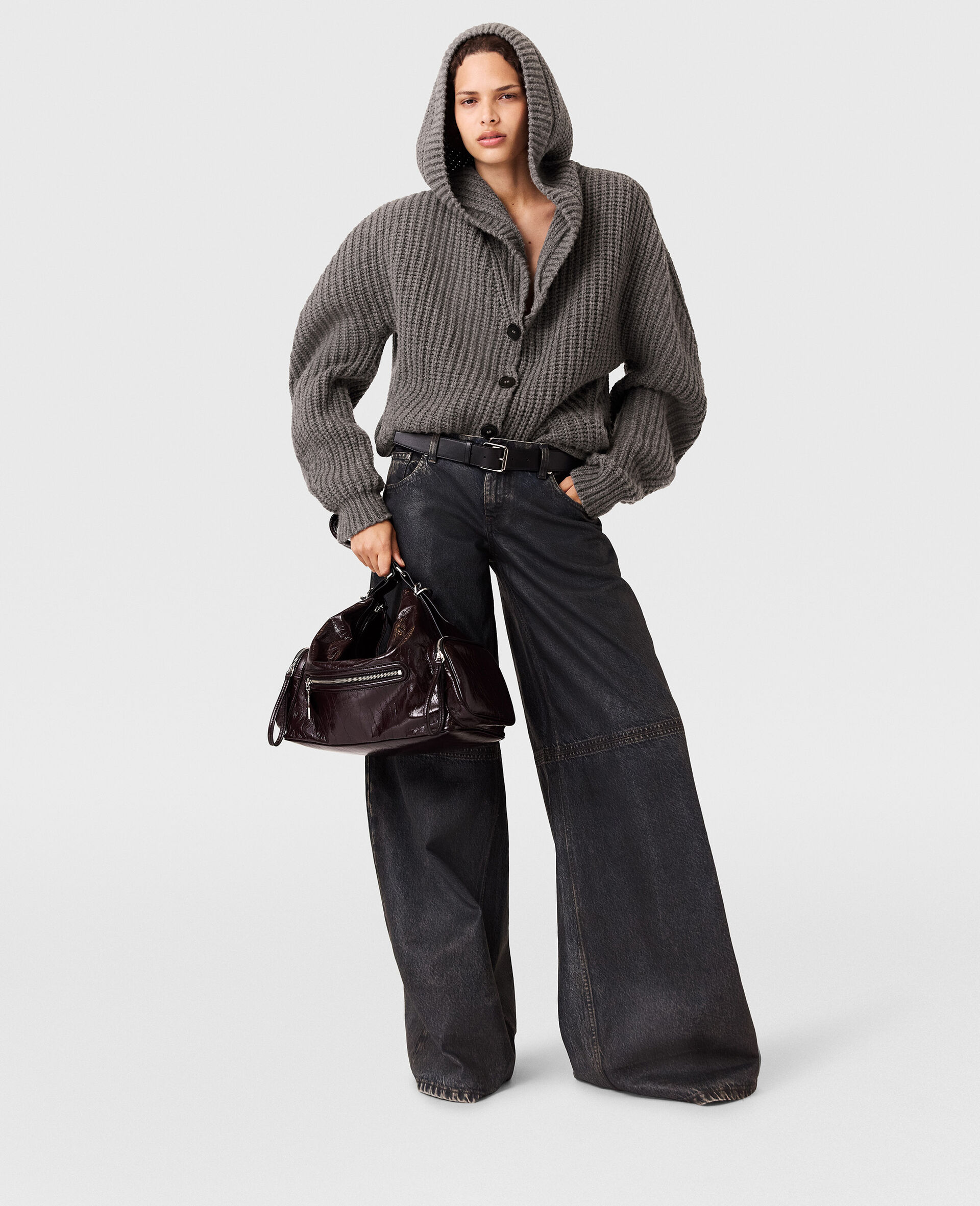 Chunky Ribbed Hooded Cardigan-Grey-large image number 5