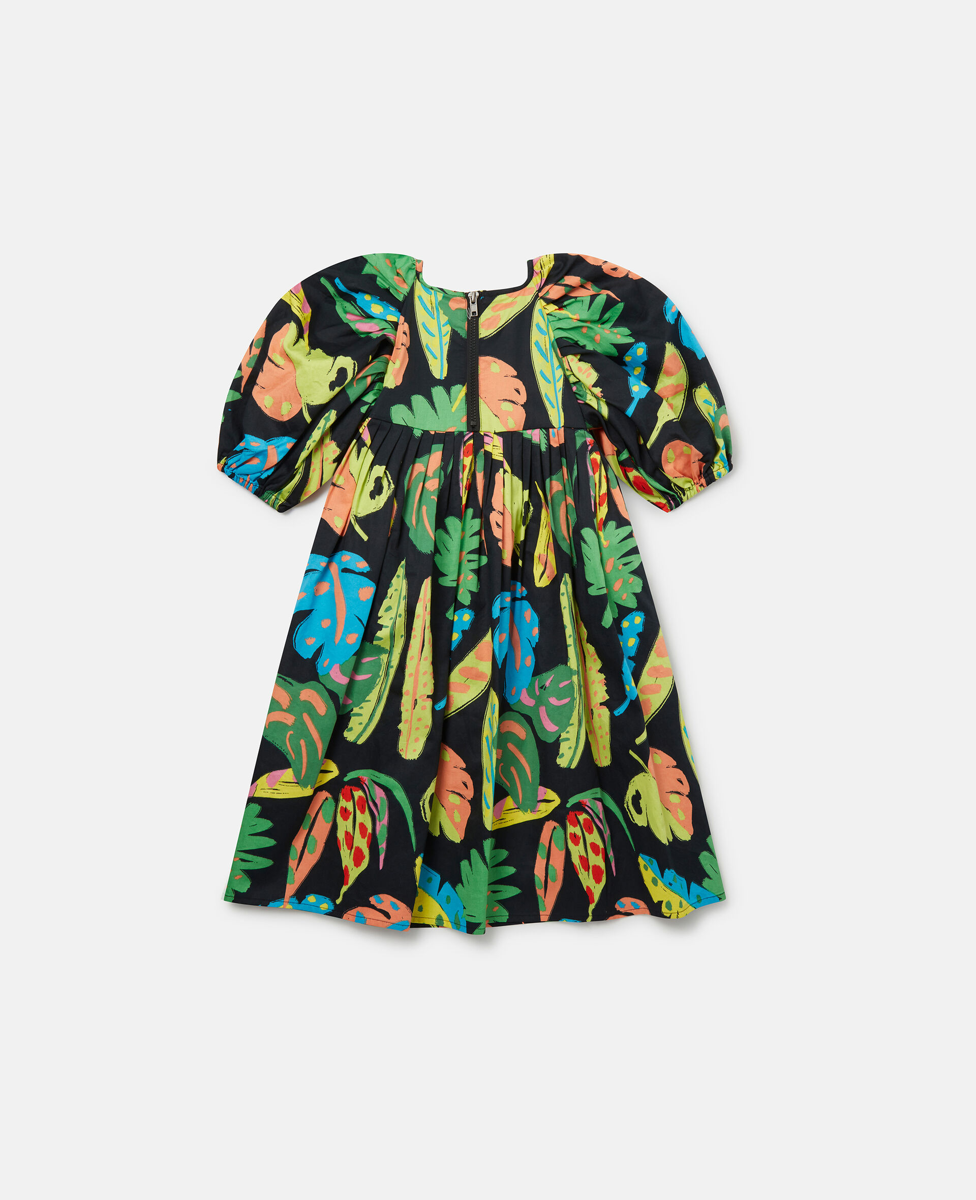 Palm Leaf Print Puff Sleeve Dress-Black-large image number 2